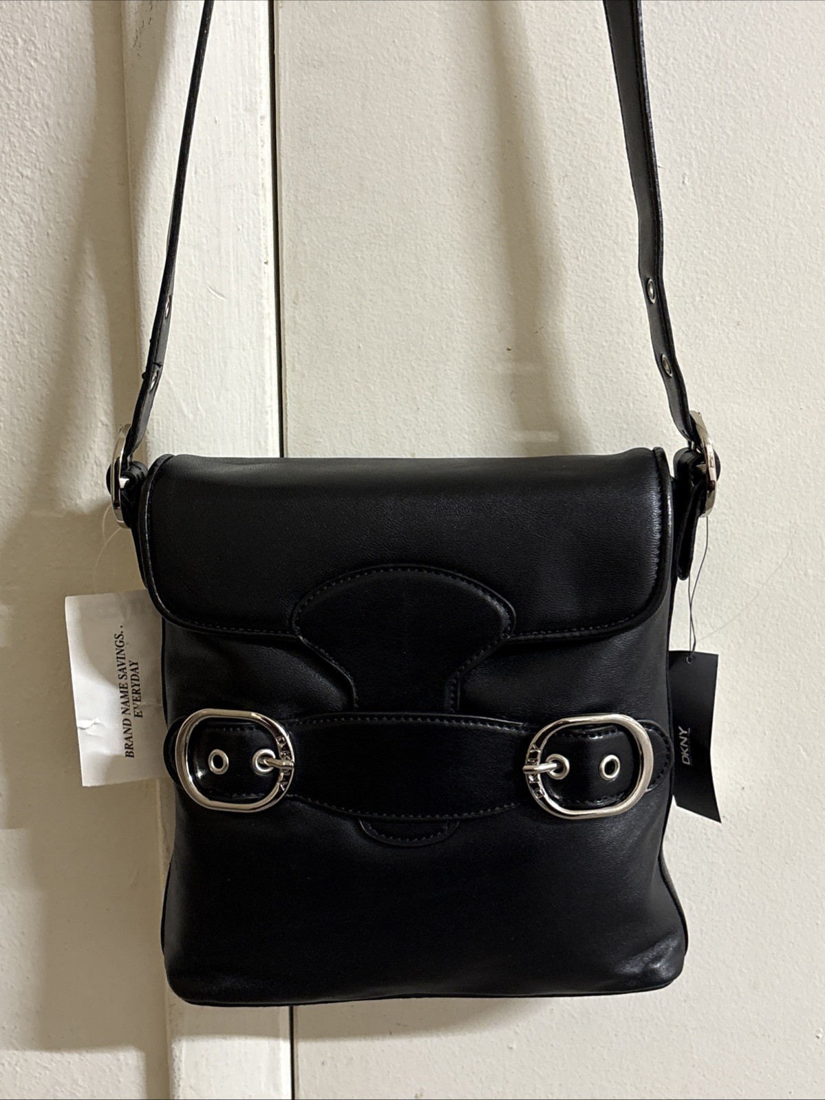 DKNY Black Sift Leather Crossbody Purse Bag 9.5×8.5×2 Inches
