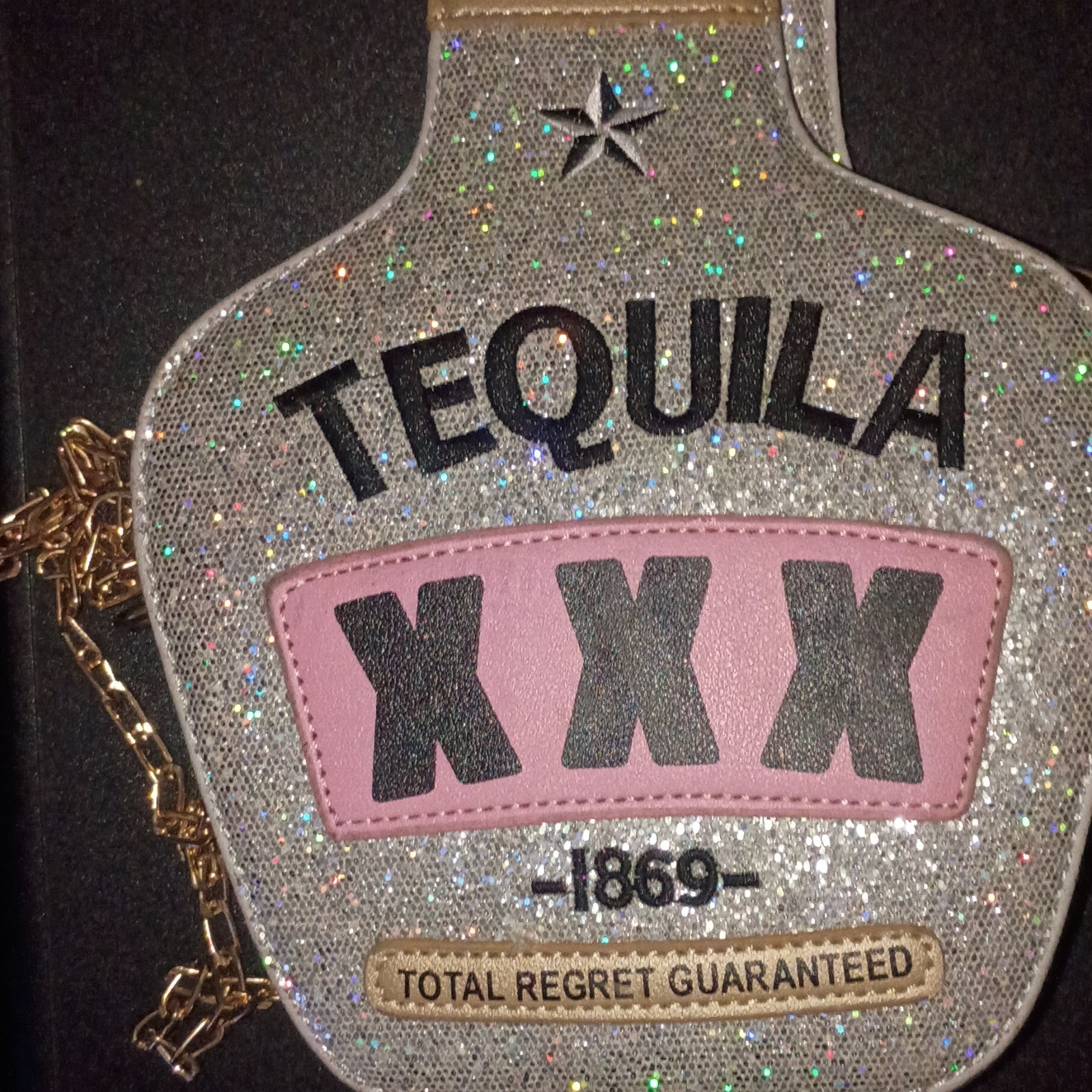 Tequila XXX Glitter Bottle Crossbody Bag Zip Closure Chain Strap Pink