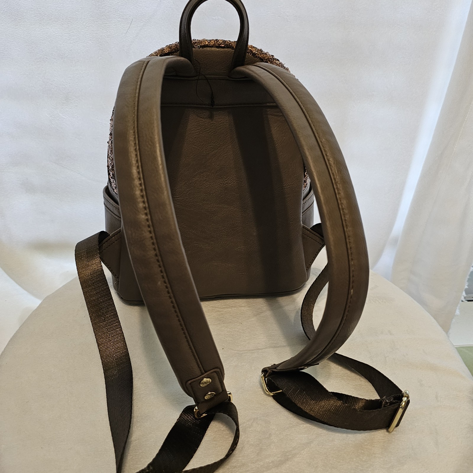 Loungefly Biltmore Brown Sequin Backpack Gold Hardware Bag Charm 10×9.5x5in EUC