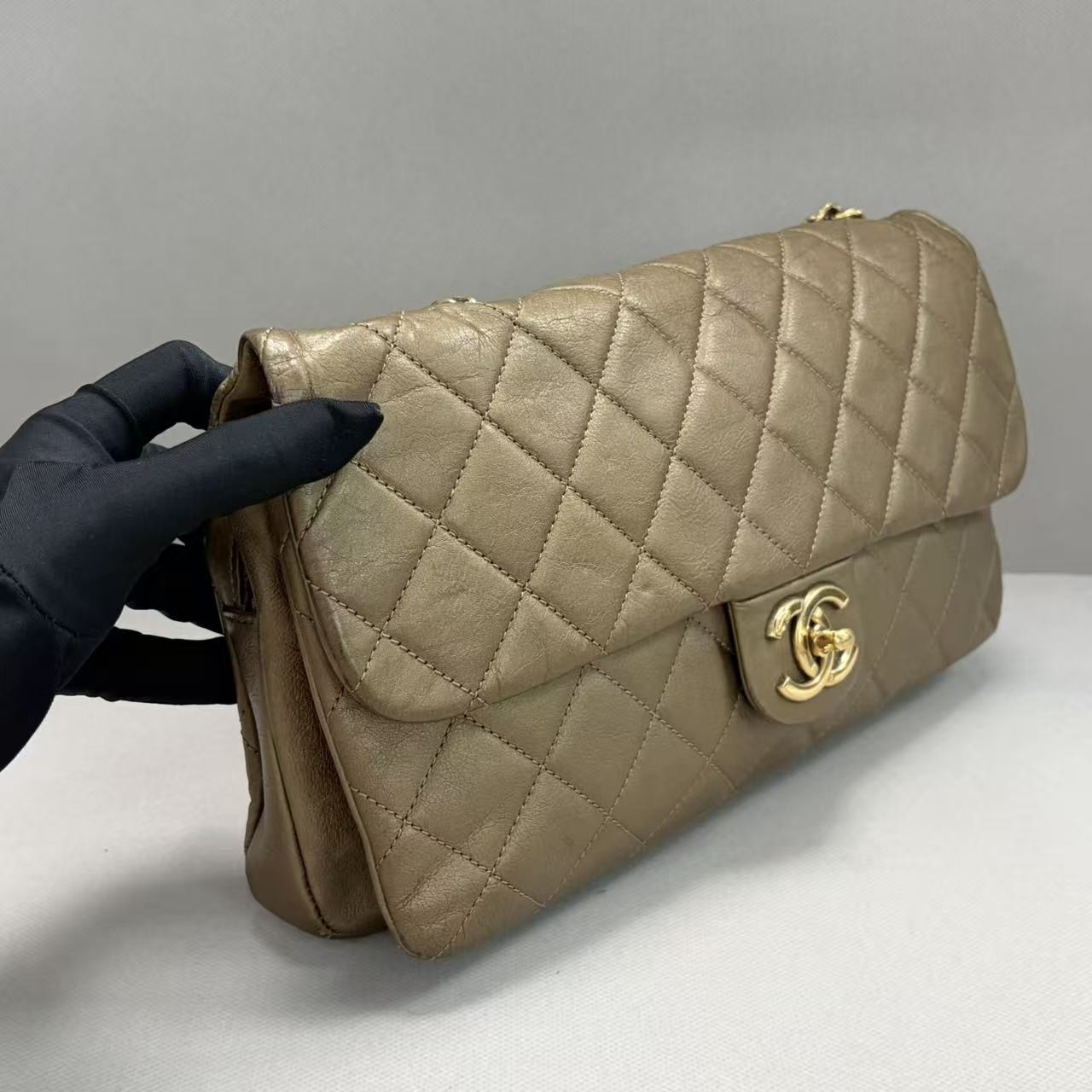 Chanel Jumbo Flap Shoulder Bag Bronze Metallic Lambskin Gold‑Tone Hardware Auth