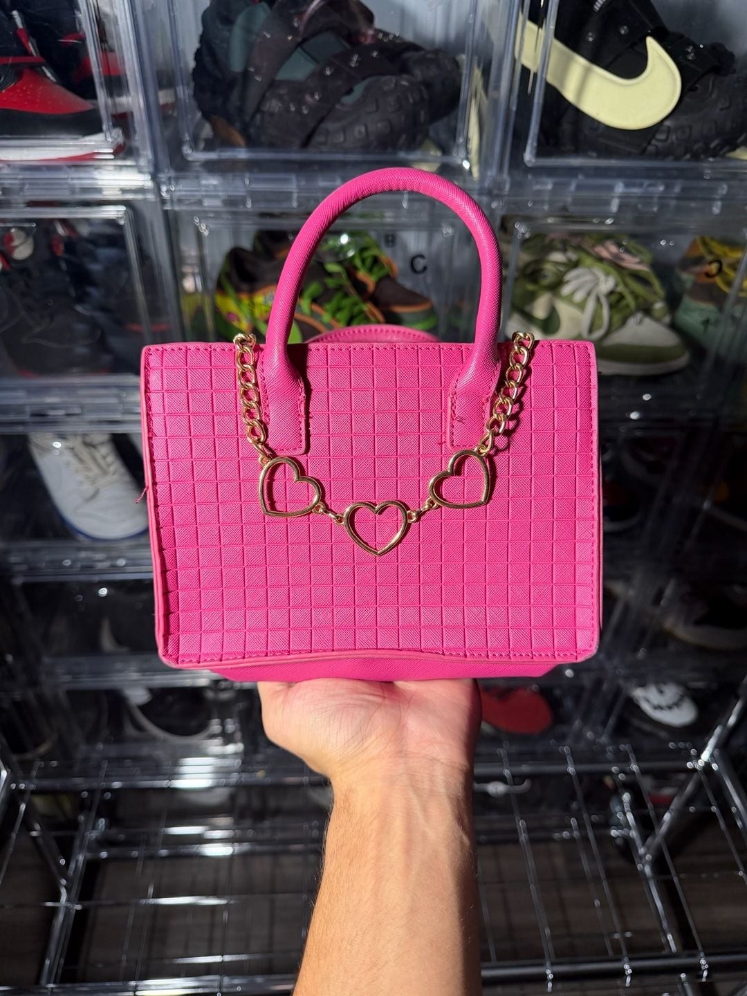 La Dee Da Pink Structured Mini Tote Bag with Gold Heart Chain