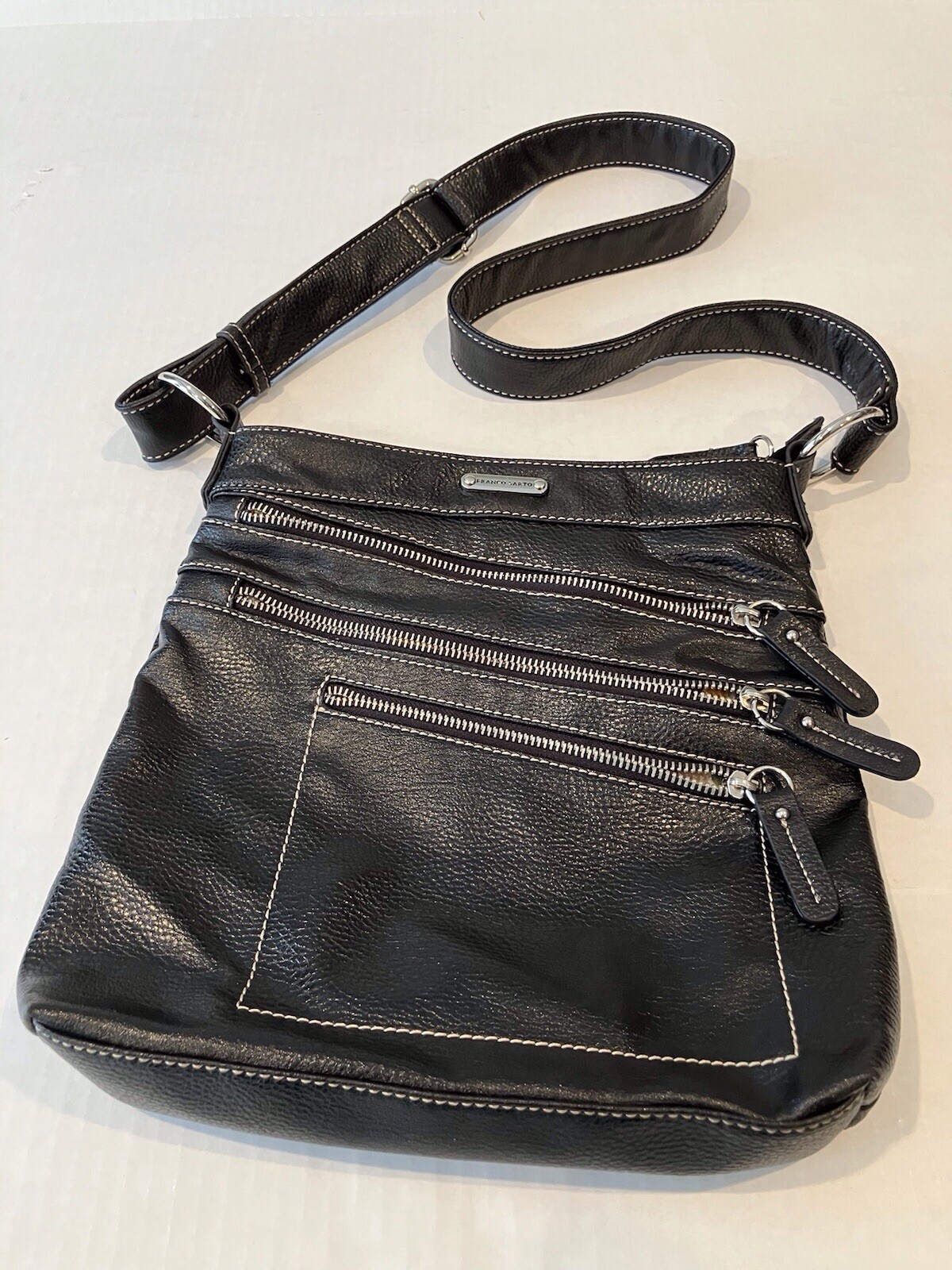 Franco Sarto Crossbody Bag, Faux Leather, Black, 11” W x 10” H, Zipper Closure,