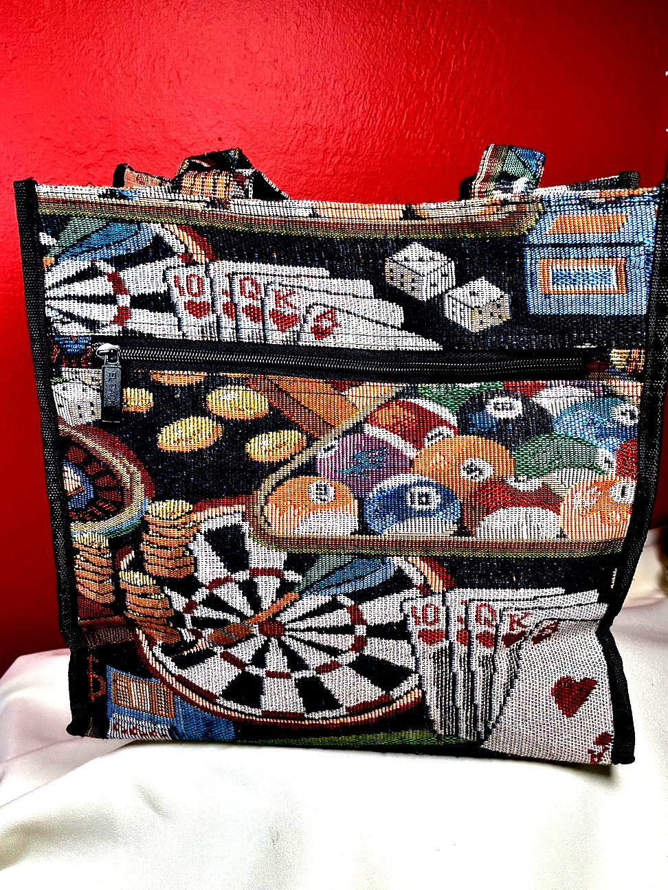 Tote Bag Multi-Color Casino Pattern Lined Upholstery Fabric Coin Purse 11.5in