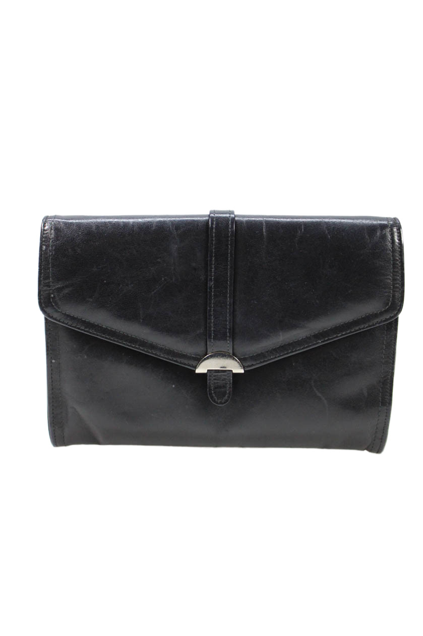 Saks Fifth Avenue Womens Leather Snap Closure Shoulder Handbag Black