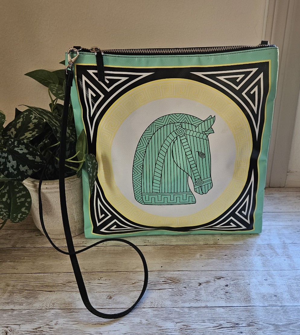 Jonathan Adler square crossbody bag tote features a graphic equestrian horse