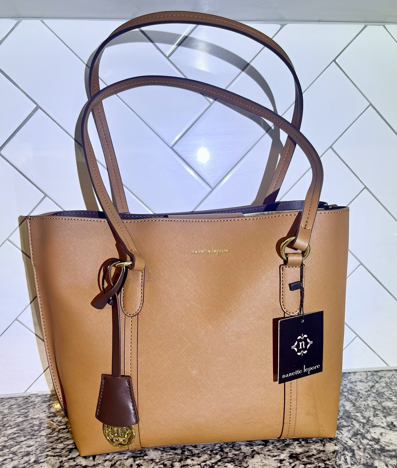 Nanette Lepore Brown Saffiano Zip Tote Medium Double Handles Lined Pockets