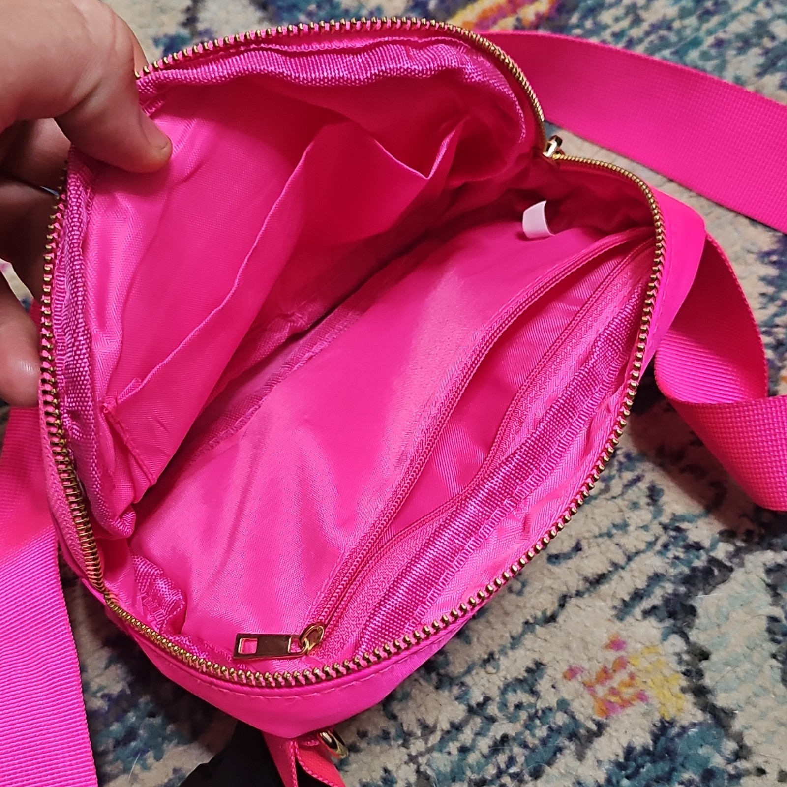 Pink Crossbody Belt Bag Adjustable Strap Zip Closure Zipper Accents Gold