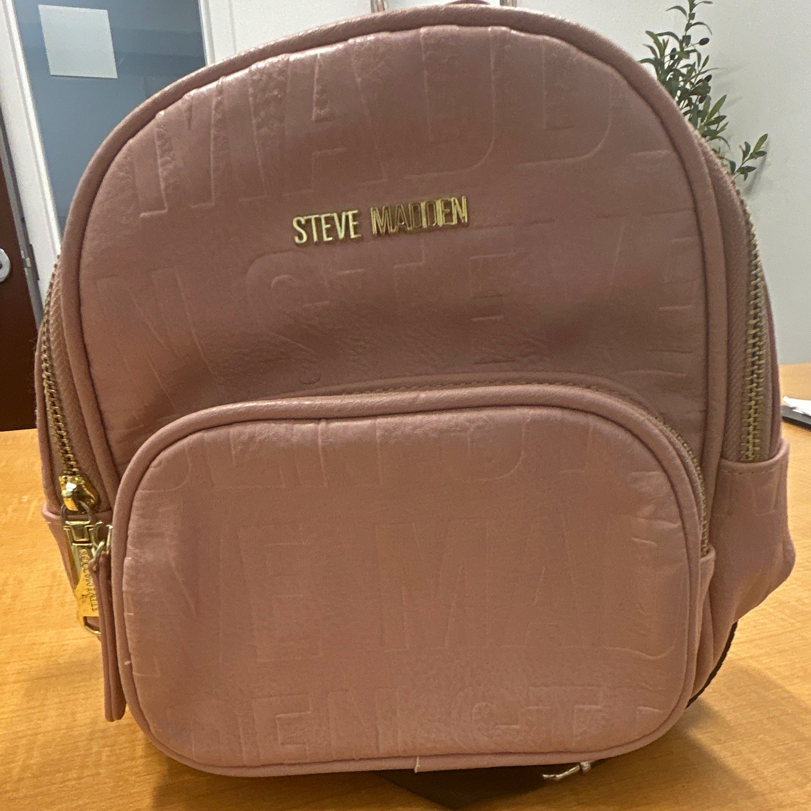 Steve Madden Pink Logo Embossed Mini Backpack Gold Hardware Zip Adjustable Strap