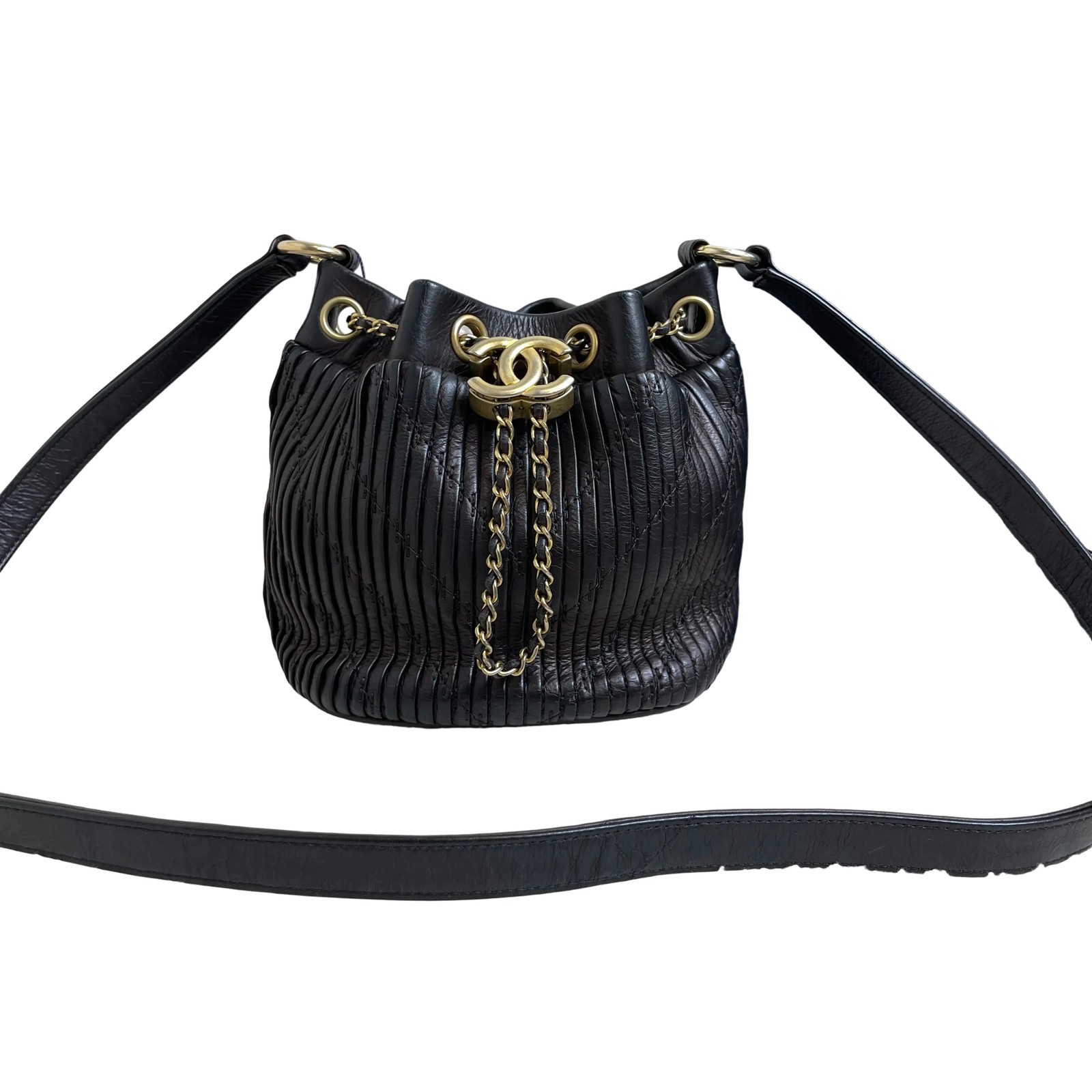 Chanel Pleated Calfskin Black Small Bucket Shoulder Bag