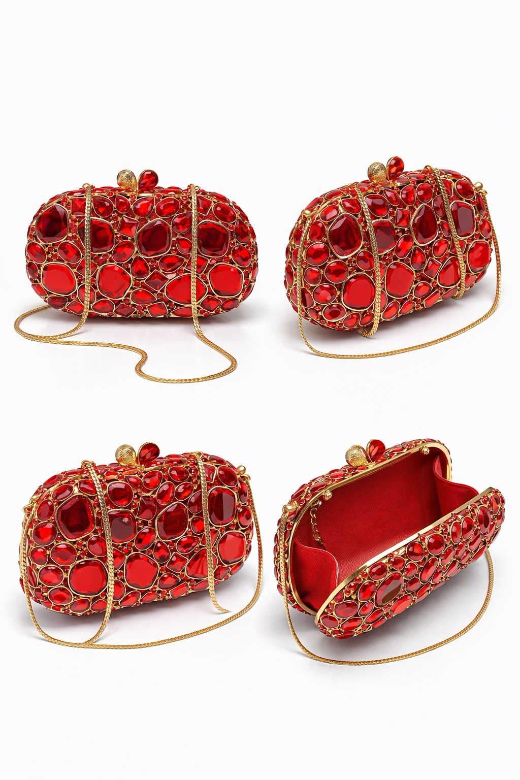 Red Crystal Oval Clutch with Chain Strap Party Cocktail Wedding Formal