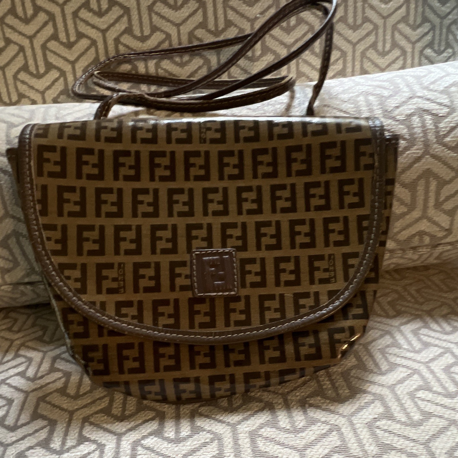 Fendi Zucca FF Brown/Beige Small Crossbody Bag Gold Hardware Magnet w Strap
