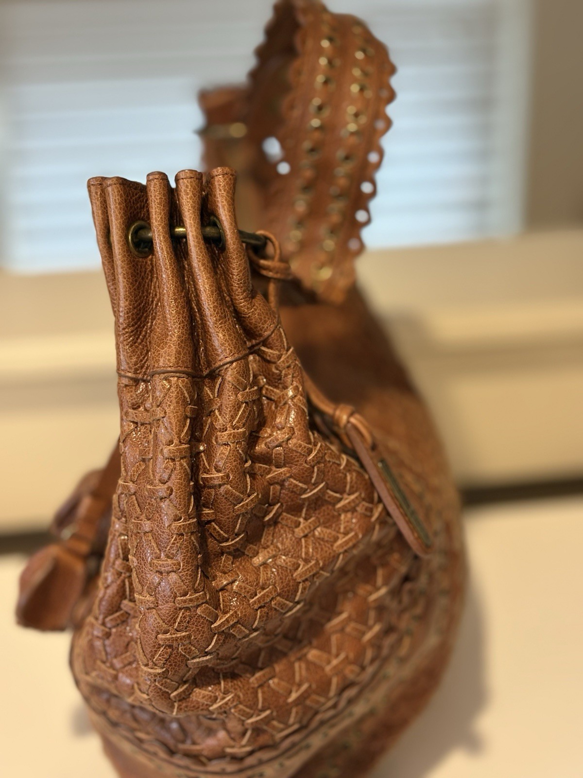 Isabella Fiore Brown Leather Gold Studs Large Hobo Shoulder Bag w/BIG Tassels