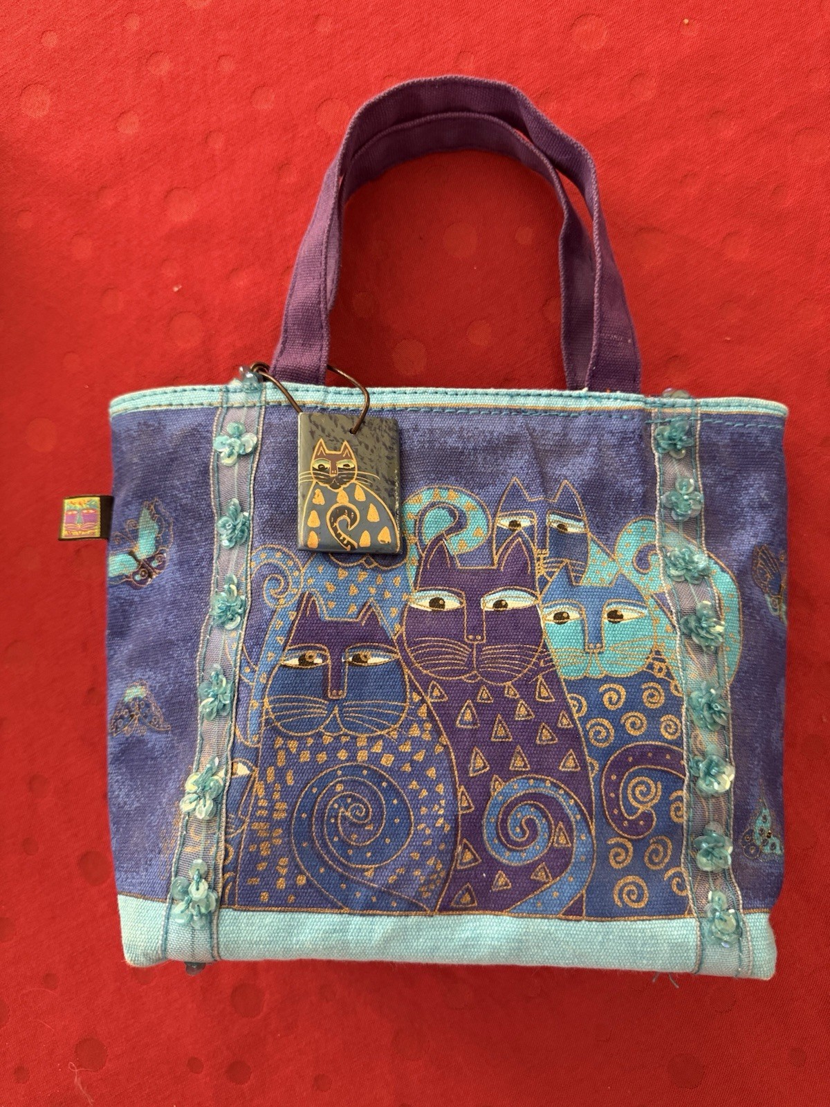 Laurel Burch Indigo Cats Mini Tote Blue Bag 10xx 3 x 8