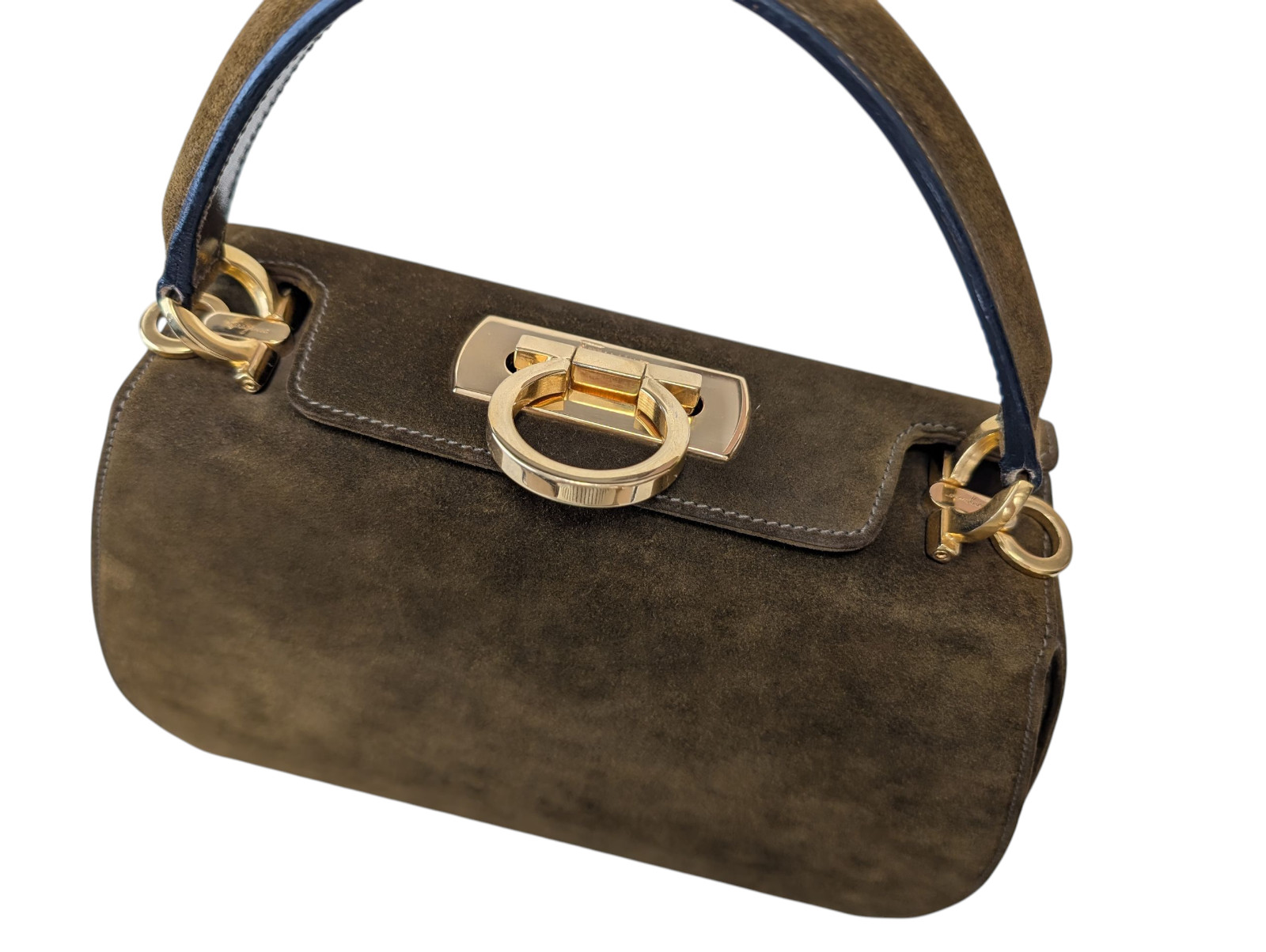 Salvatore Ferragamo Gancini Shoulder Hand Bag Purse Suede Khaki
