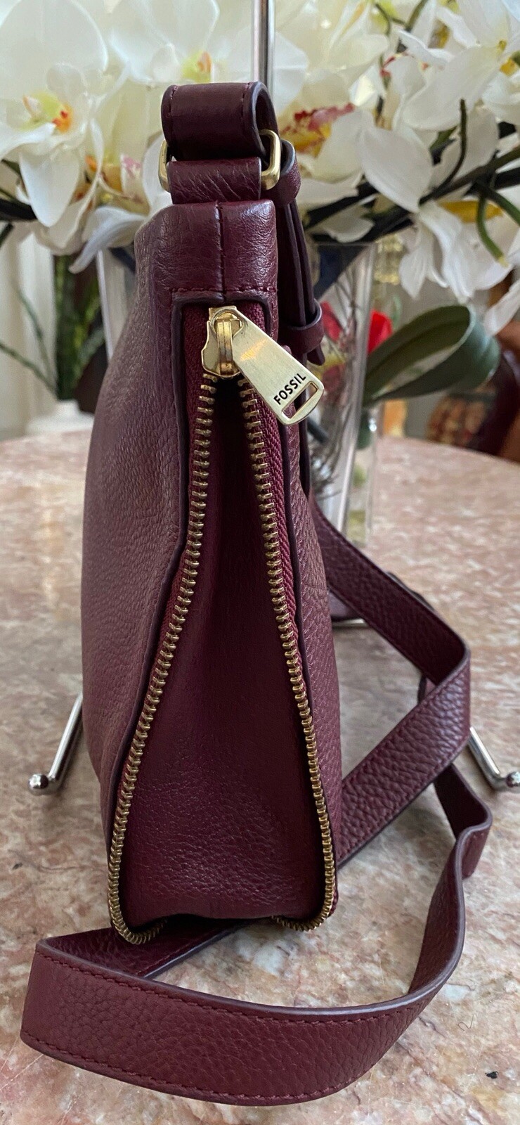 Fossil Preston Expandable Burgundy Leather Cross-body Bag EUC, $148