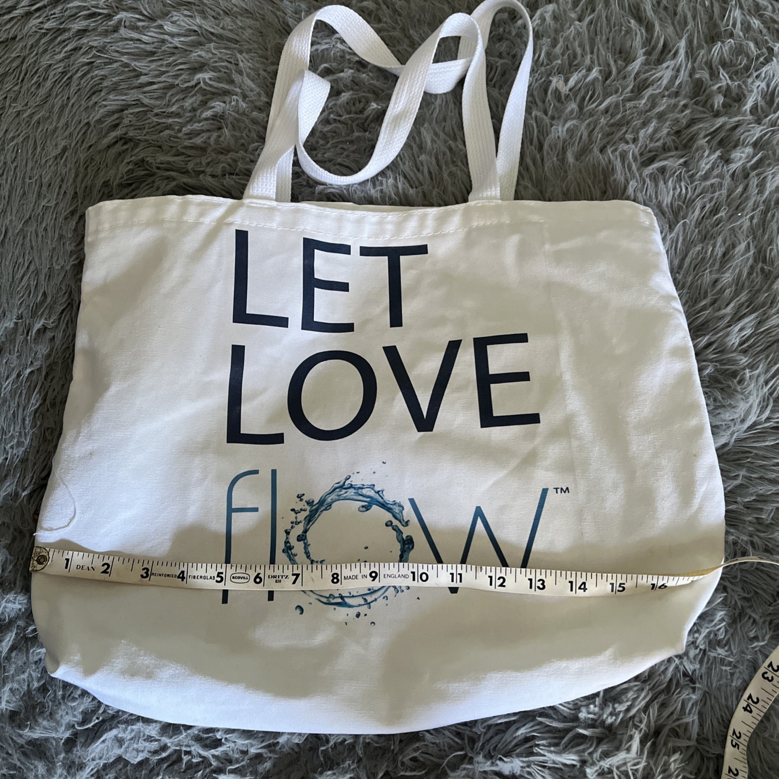 The LET LOVE FLOW Eco-Tote, white canvas 18 by 14.5 in