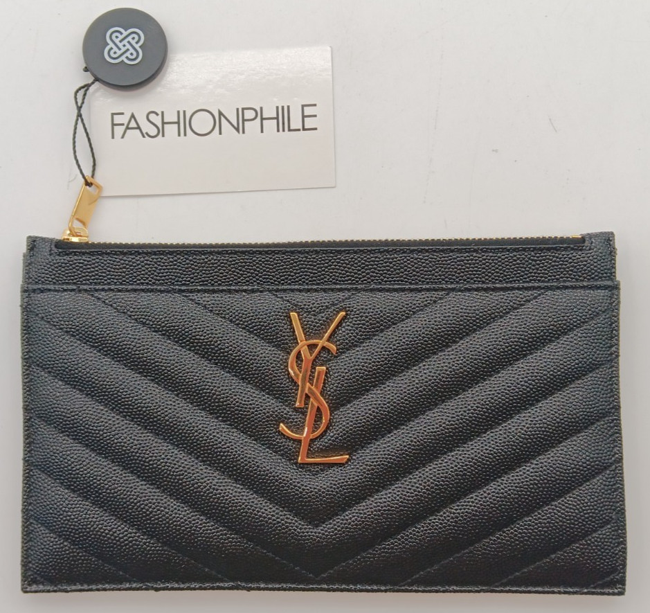 Saint Laurent | Grain De Poudre Chevron Monogram Bill Pouch | Black | 8in