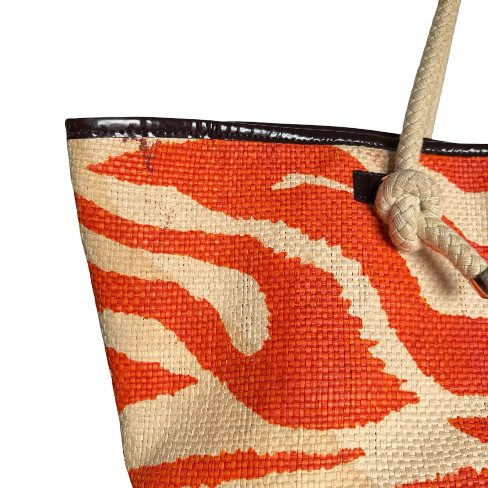 Kate Spade Wicker and Rope Tote Bag Orange Beige Zebra Print Beach Vacation