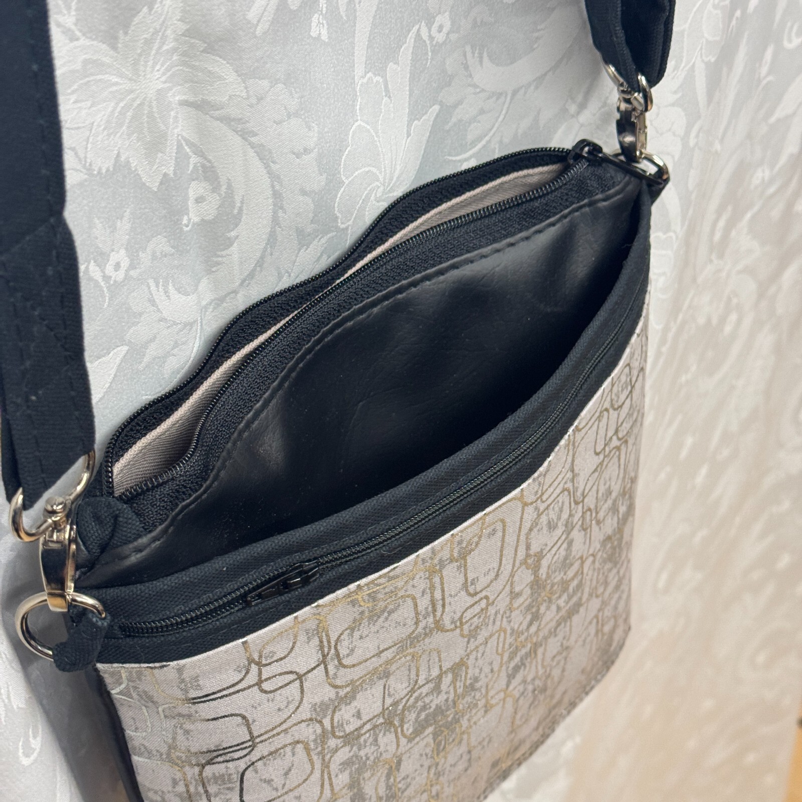 Custom Crossbody Gray Silver Handmade Fabric Canavs Adjustable Strap