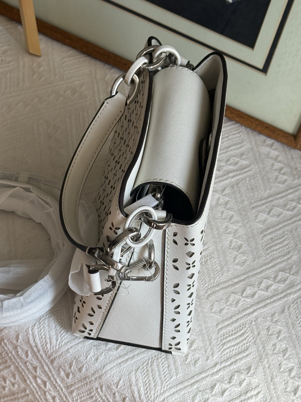 NWT Michael Kors Portia Laser Cut Small Satchel In Optic White