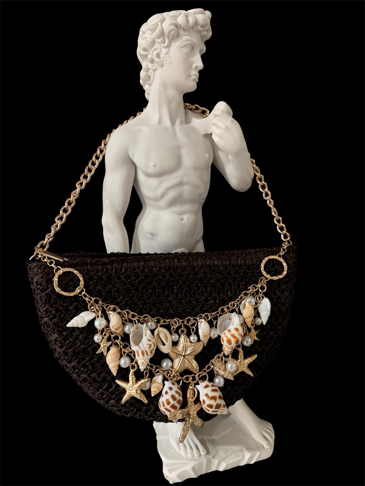 Woven Straw Shoulder Bag with Gold Chain Shell Starfish Brown