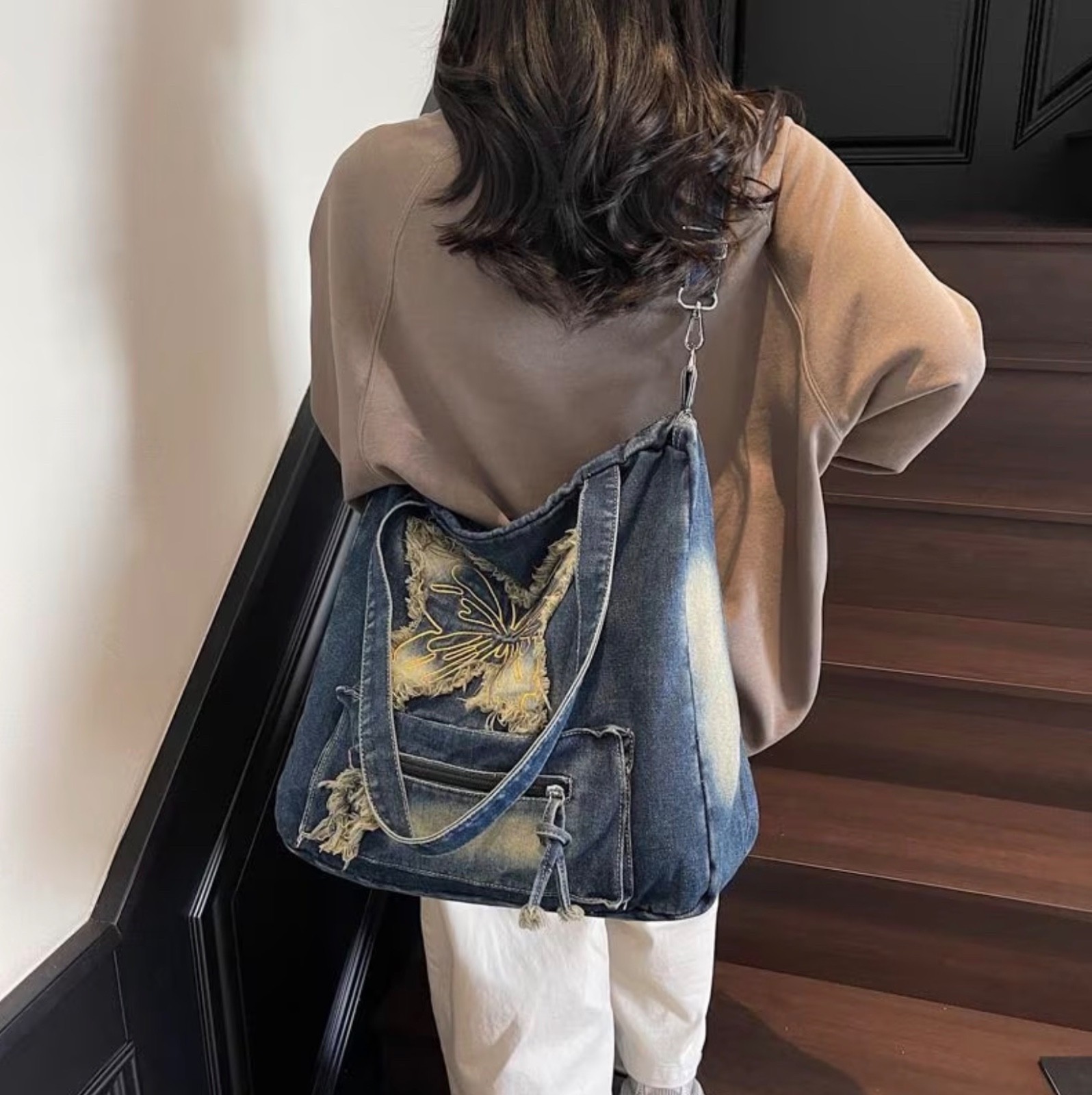 Dark Blue Denim Crossbody Shoulder Bag With Butterfly Design