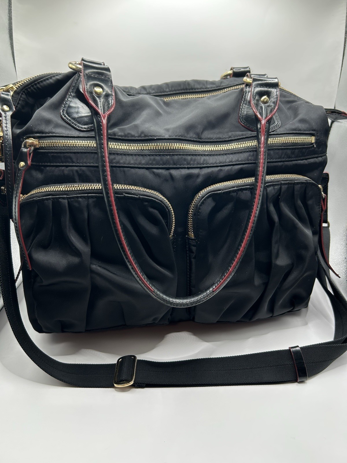 MZ Wallace Black Satchel Top Handle Zip Bag Red Lining Gold HW Strap Pouch