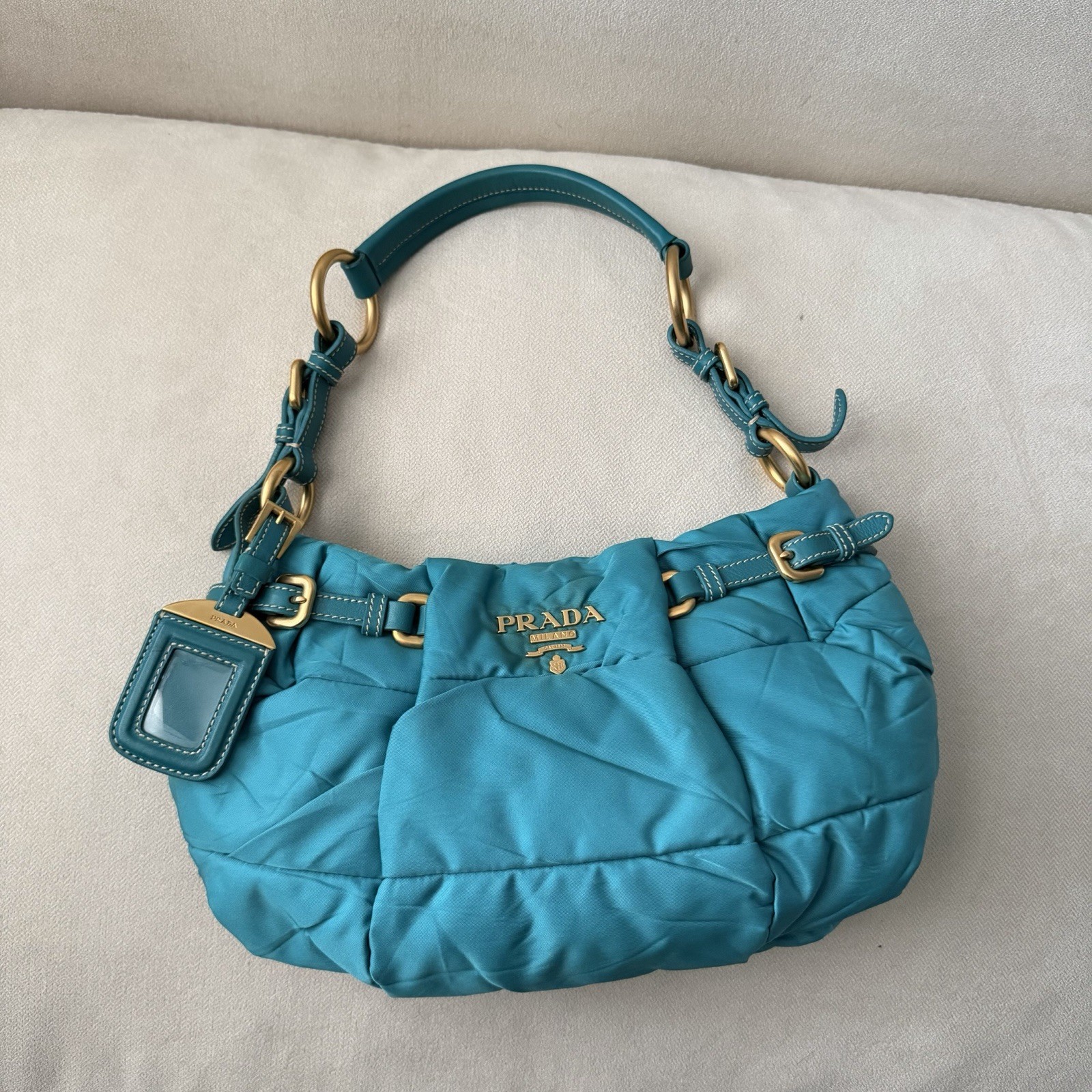 Prada Tessuto Turquoise Nylon Shoulder Bag with gold hardware