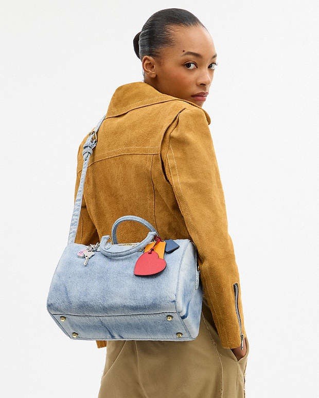 NWT Coach CDY75 Rowan Large Satchel Bag In Loved Denim With Charms Light Indigo