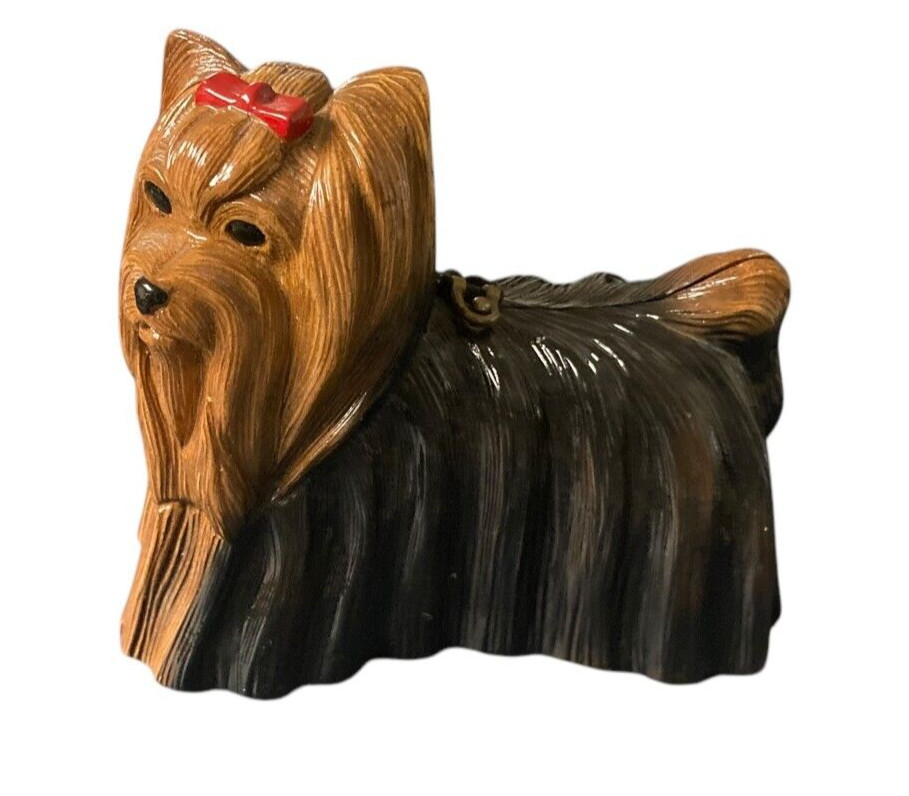 TIMMY WOODS YORKIE YORKSHIRE TERRIER DOG PURSE CLUTCH Wood RED BOW