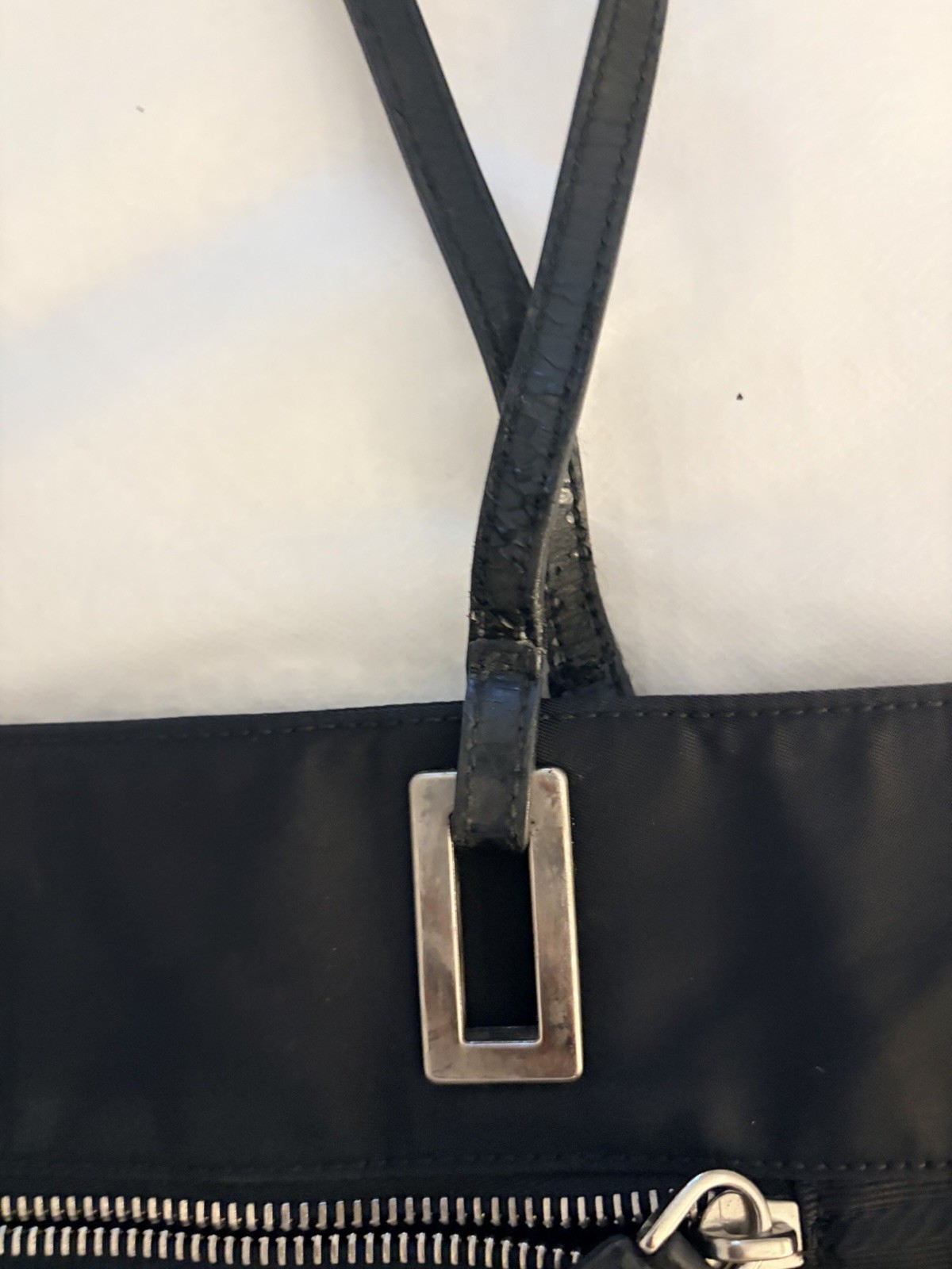 PRADA Black Jacquard Tote Bag Silver Hardware Leather Double Handles Zip Pockets