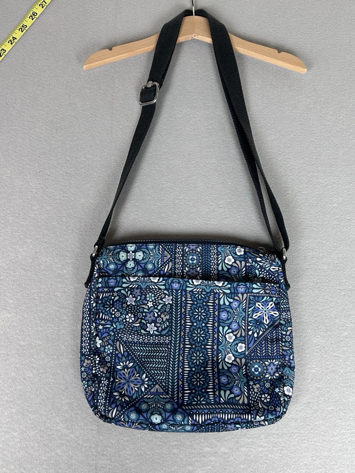Kipling Crossbody Teal blue Bohemian Floral zip pockets bag small 8.5 in X 9 in