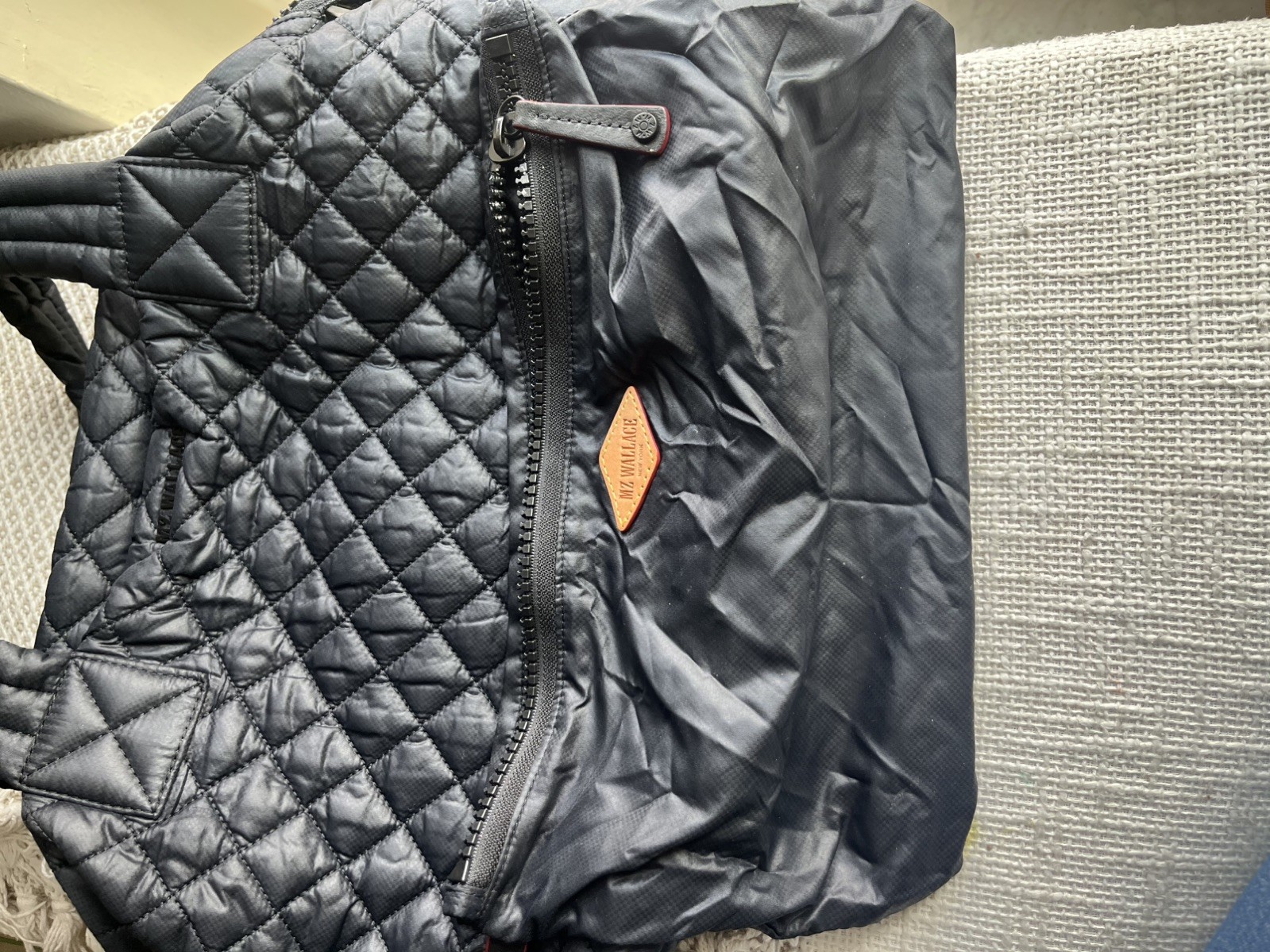 MZ WALLACE Navy/ Black Medium Sutton Deluxe Quilted Nylon Tote missing strap