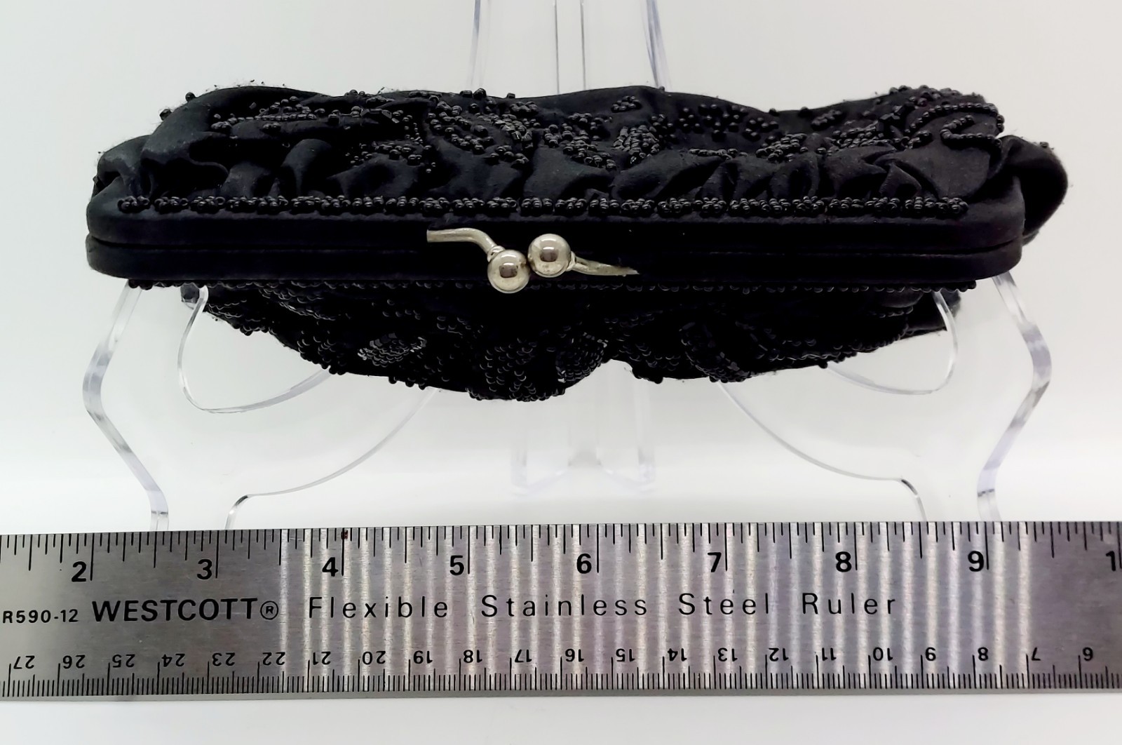 La Regale Black Satin Beaded Convertible Evening Clutch Bag With Chain Strap