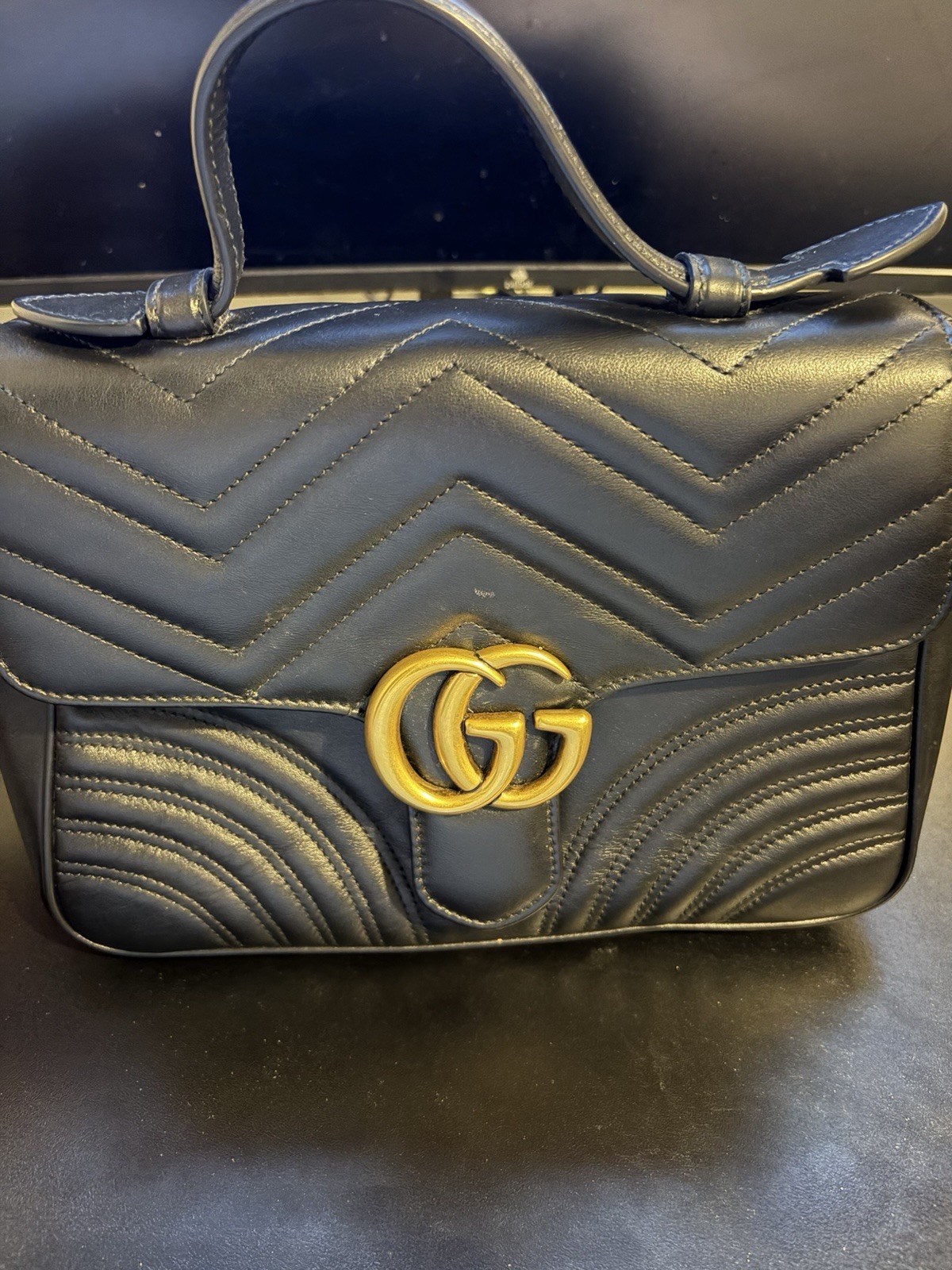 Authentic Gucci GG Marmont Black Leather Top Handle Bag Large Gold Logo