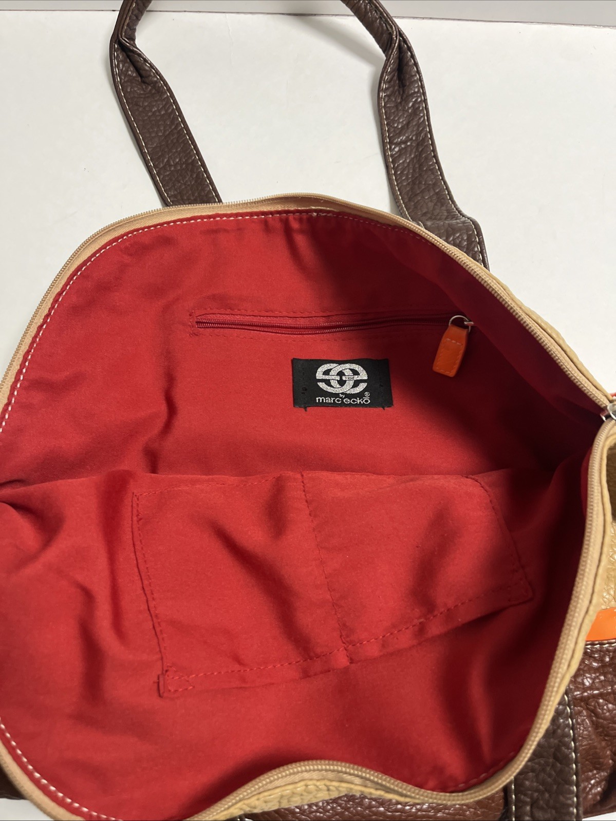 Marc Echo purse/shoulder bag large 16×12 in brown bright orange detail