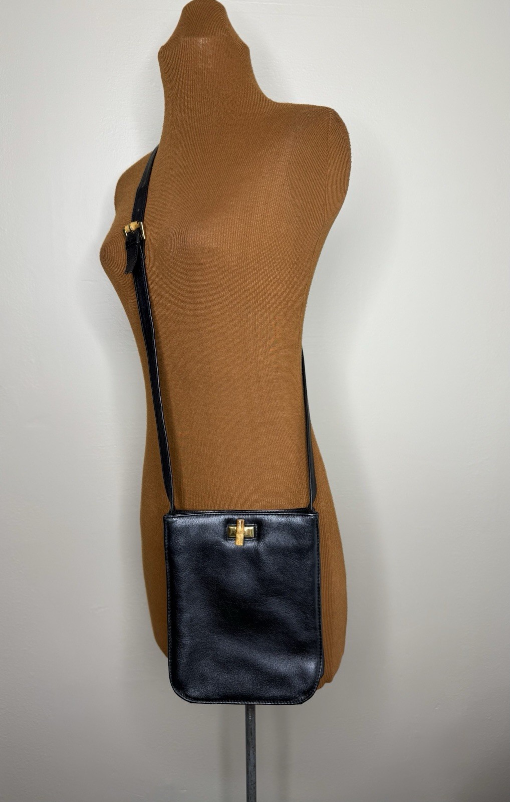 Halston Black Leather Crossbody Bag Gold Bamboo Turn Lock Accent