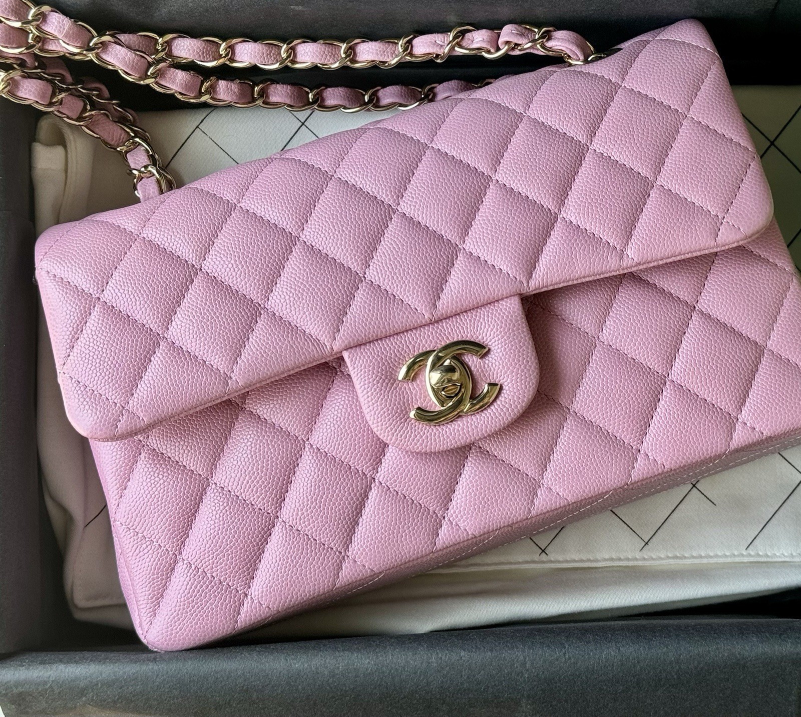 CHANEL Small Classic Double Flap Bag Sakura Pink Caviar w/ light gold Hw