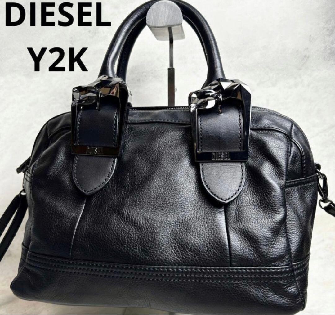 DIESEL Y2K Black Leather 2Way Hand Shoulder Bag Metal Buckle Women 35cm 23cm