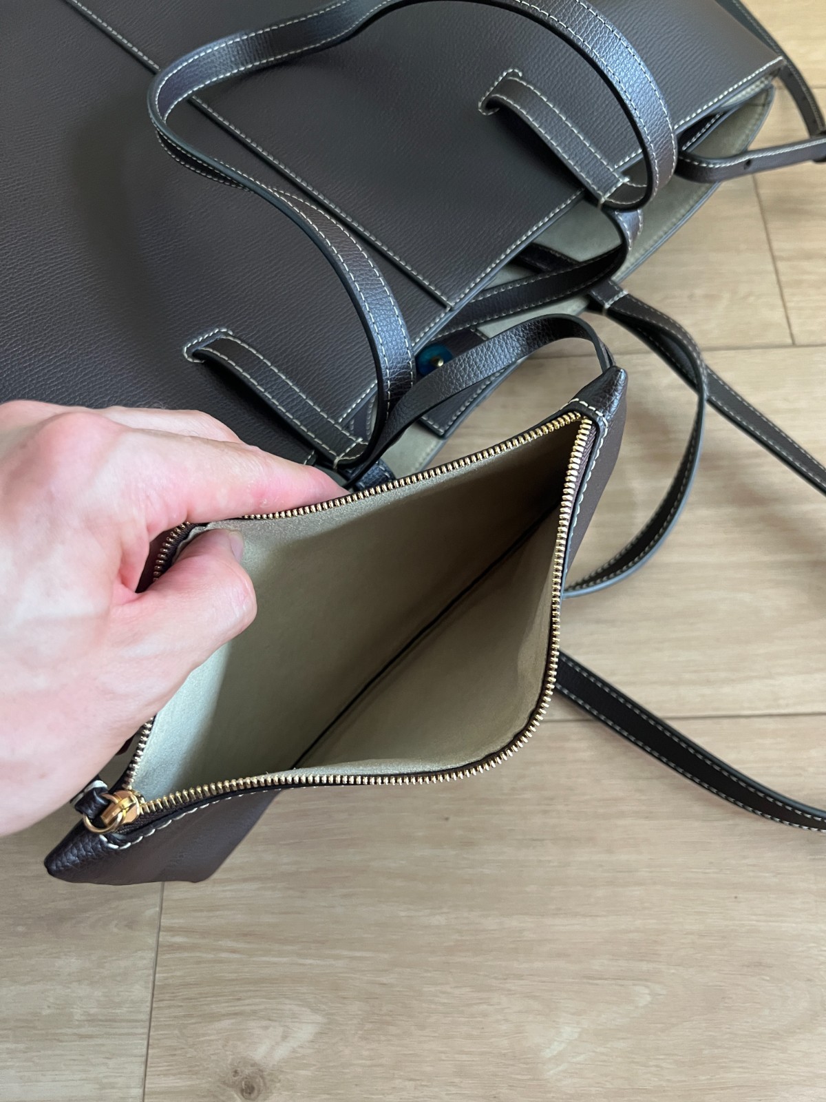 Polène Cyme Mini Textured Ebony Leather Tote Bag