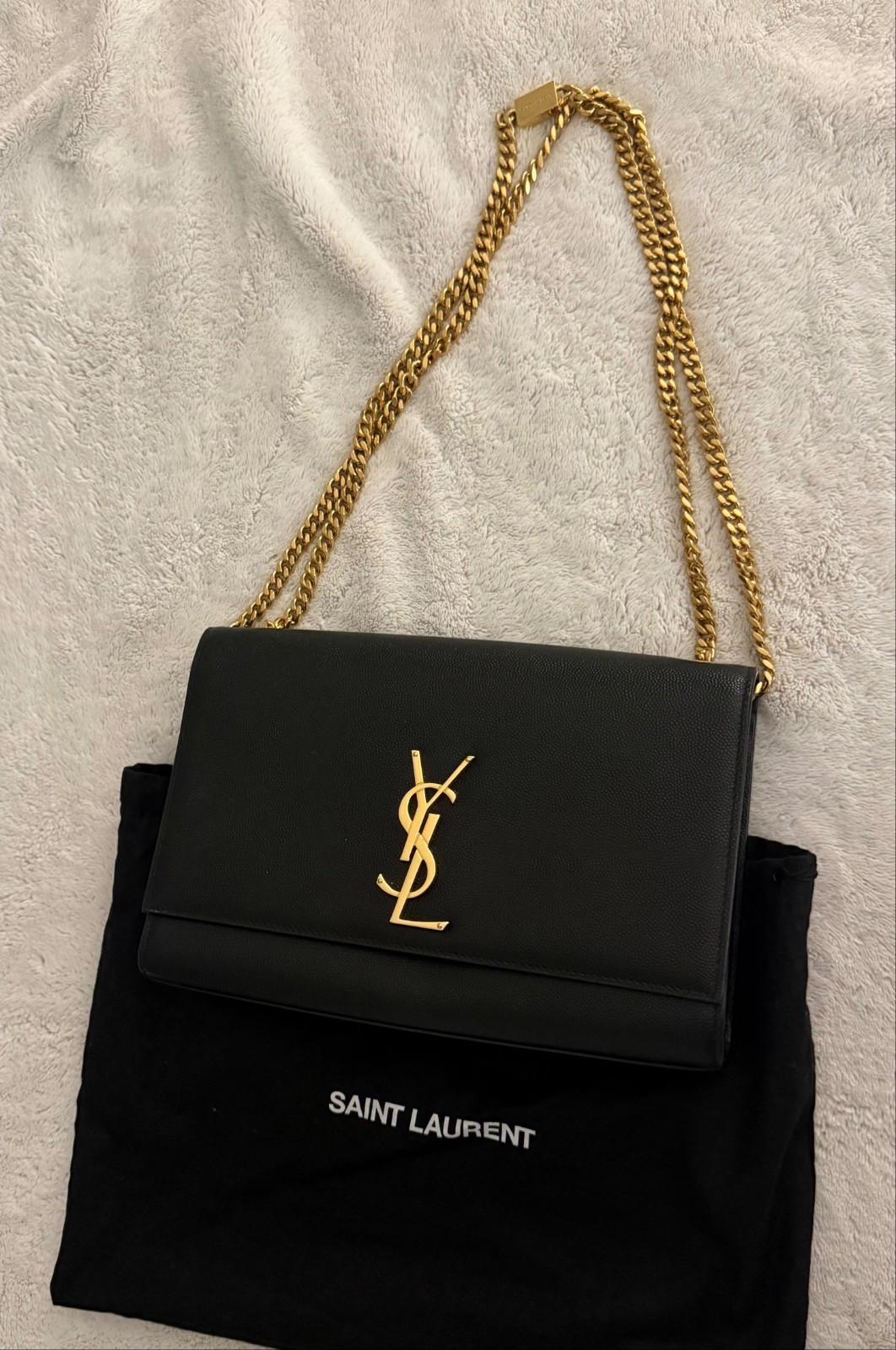 Saint Laurent Black Flap Chain Shoulder Bag Gold Logo, Magnetic, Dust Bag