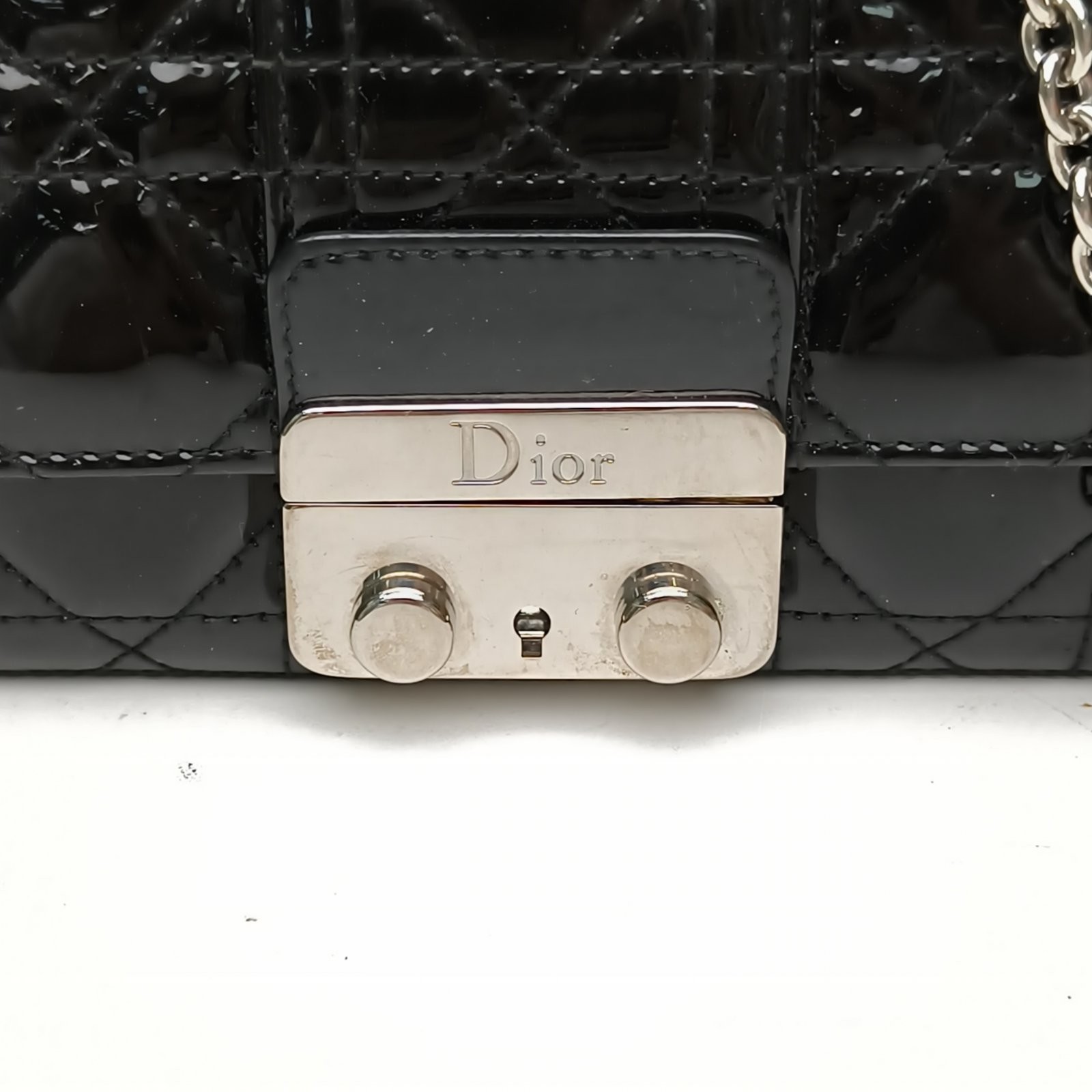 DIOR Miss Dior Short Chain Clutch Black Patent Leather Shoulder Bag
