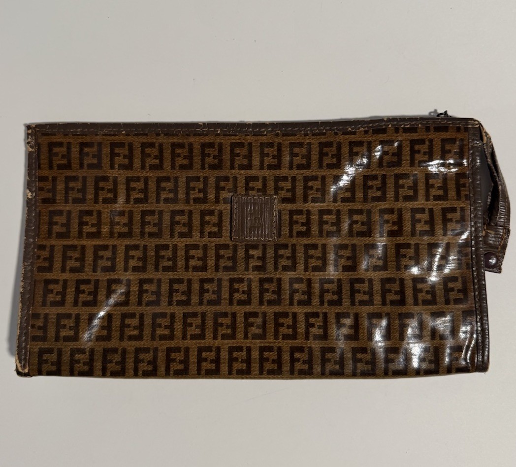 Fendi Zucca FF Logo Monogram Brown Canvas w/ Leather Trim Large Pouch Clutch Bag
