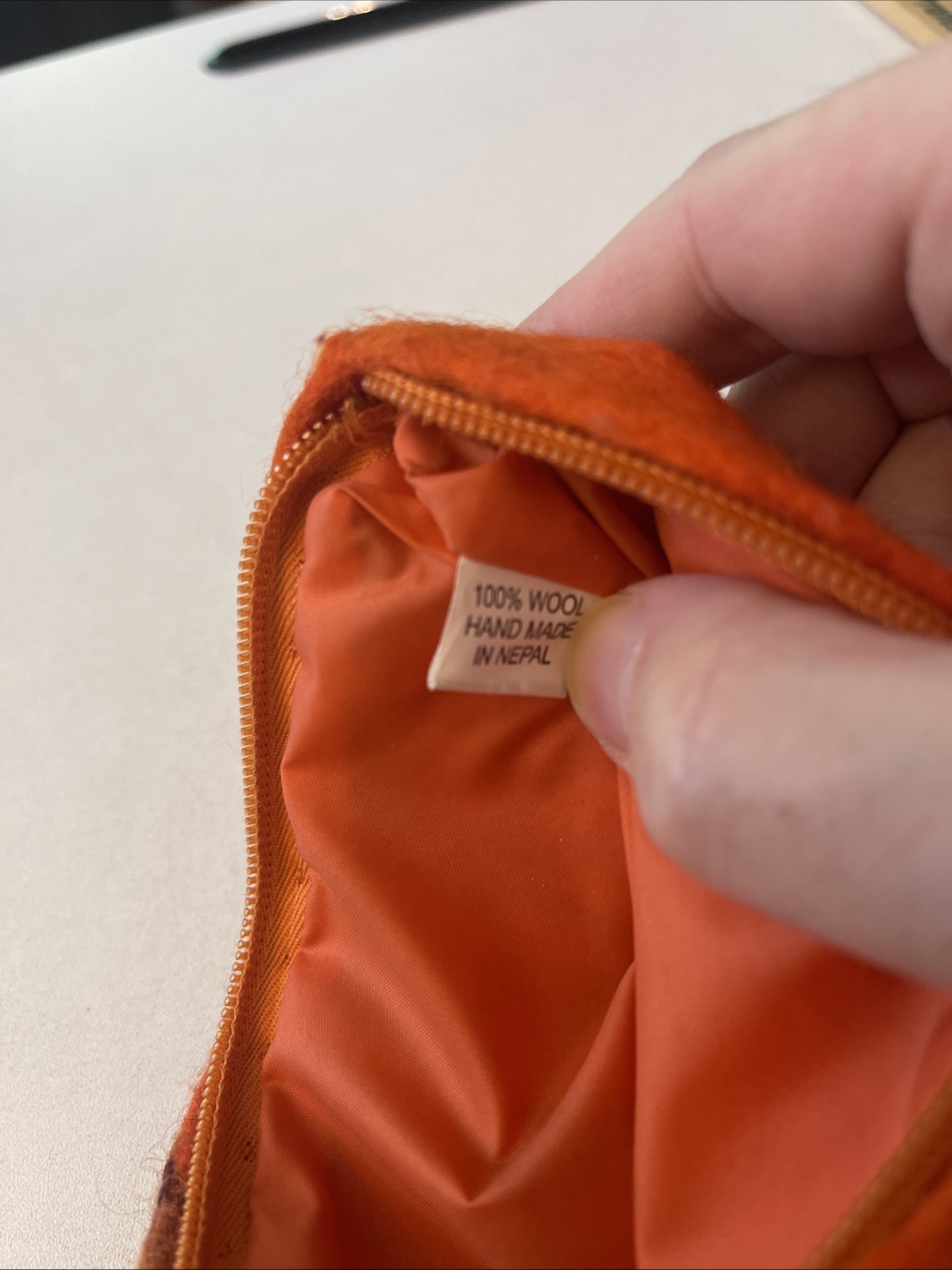 Felted Wool Zipper Lined Felt Floral Pouch Bag Nepal Orange 8”