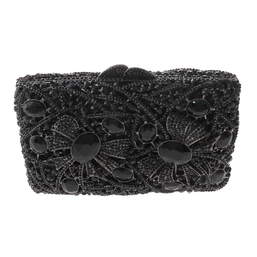 Hermatite Tone Alloy Metal Crystal Rhinestone Clutch Evening Bag HB6249-BLK