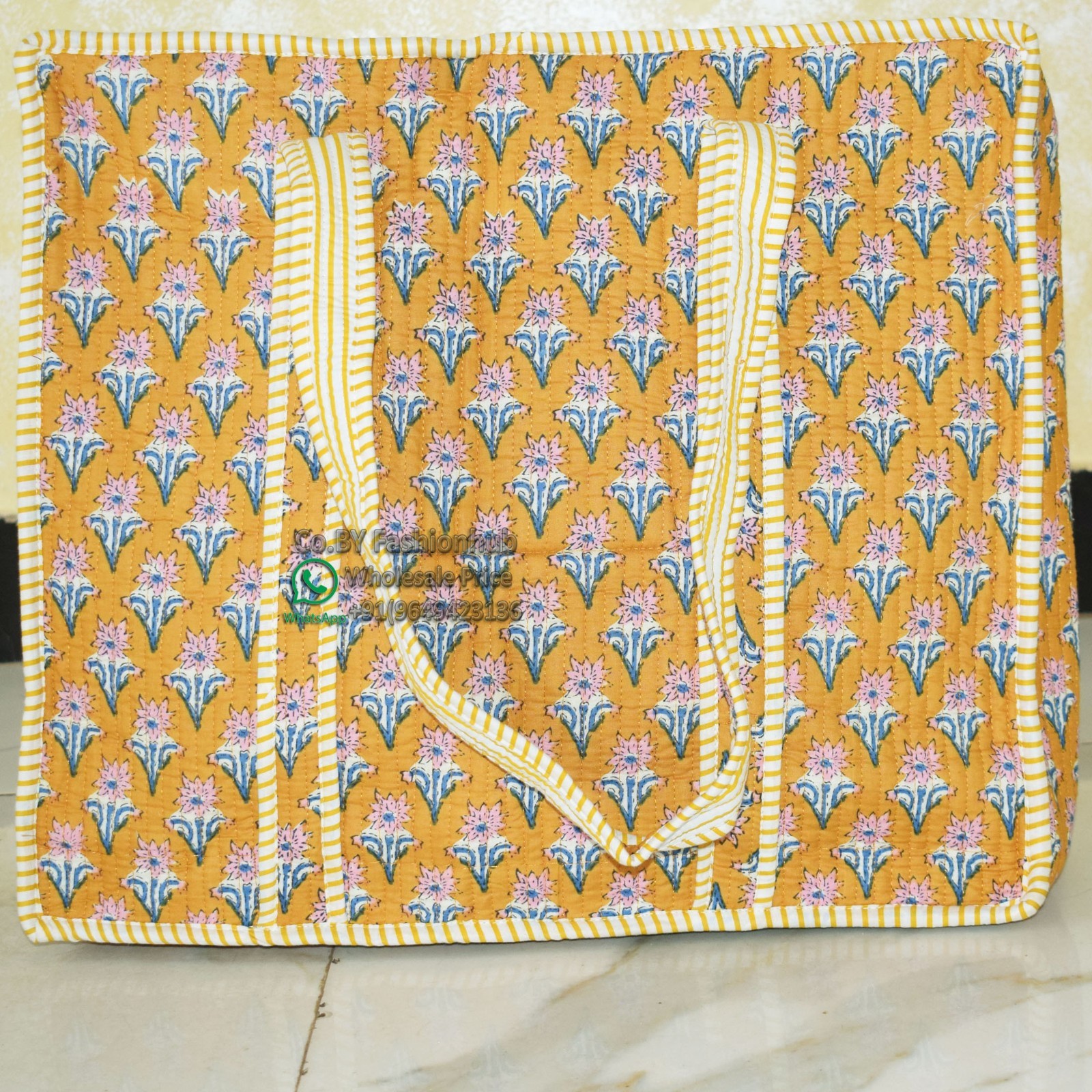 Quilted Boho Tote Bag Handmade Indian Block Print Yellow Cotton Weekender Handba