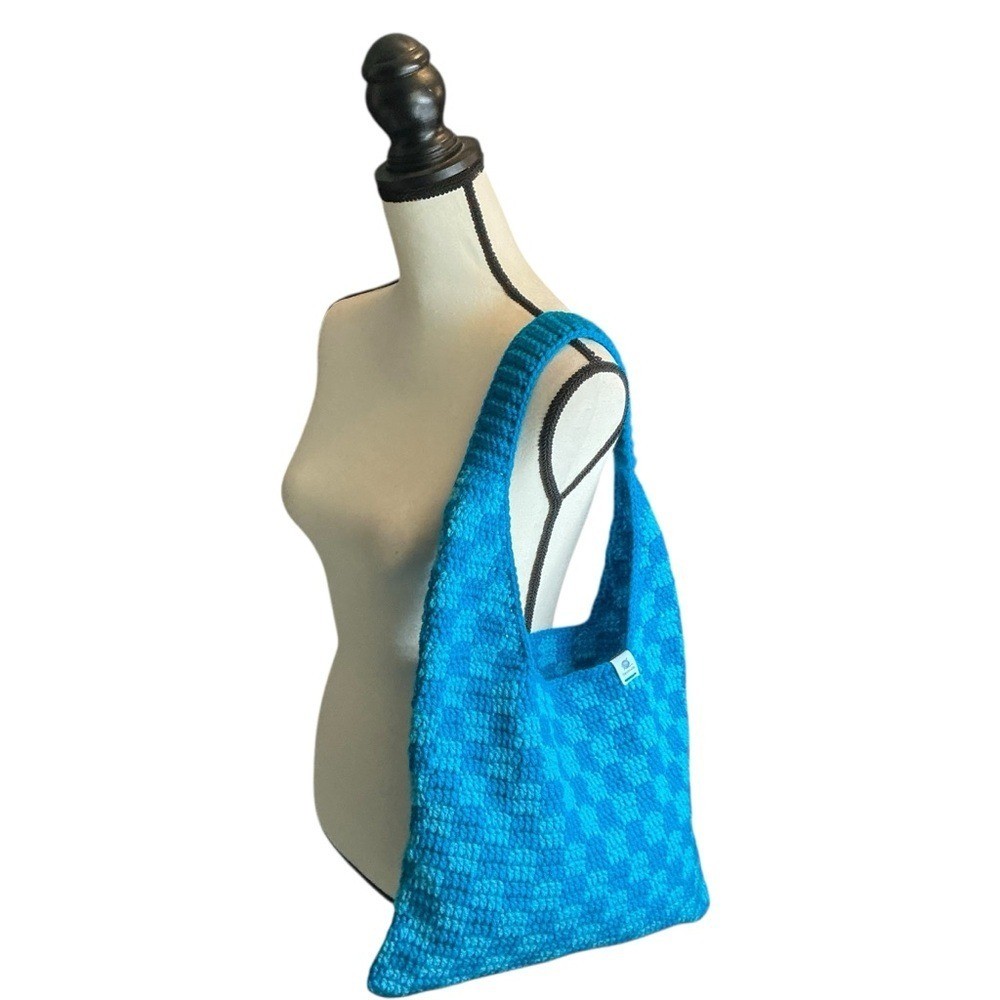 Handmade Sapphire & Cyan Blue Checker Checkerboard Crochet Shoulder Tote Bag