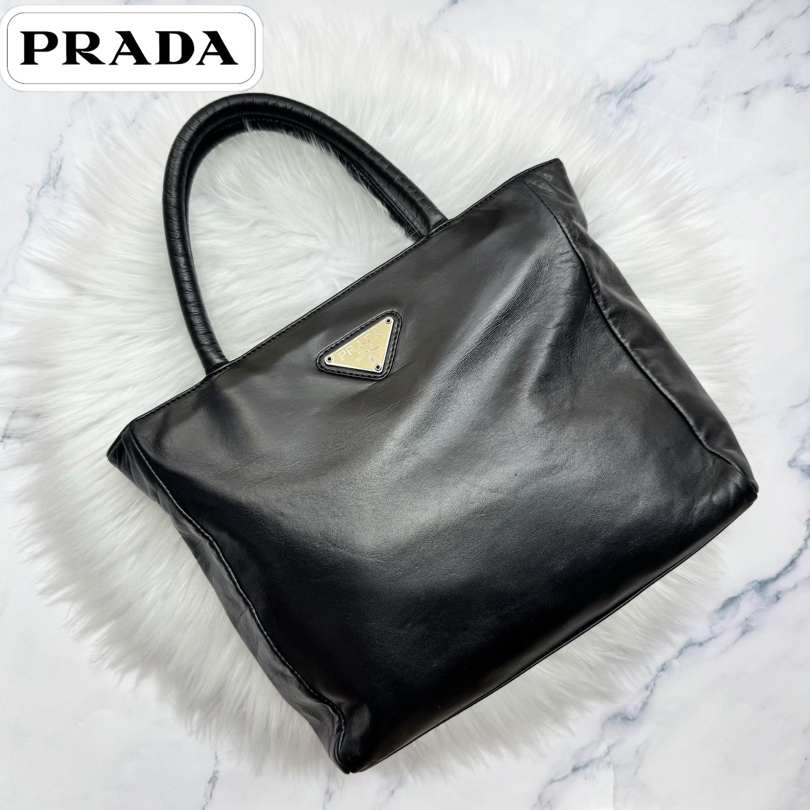 PRADA Black Leather Tote Bag Triangle Logo Vintage Top Handle