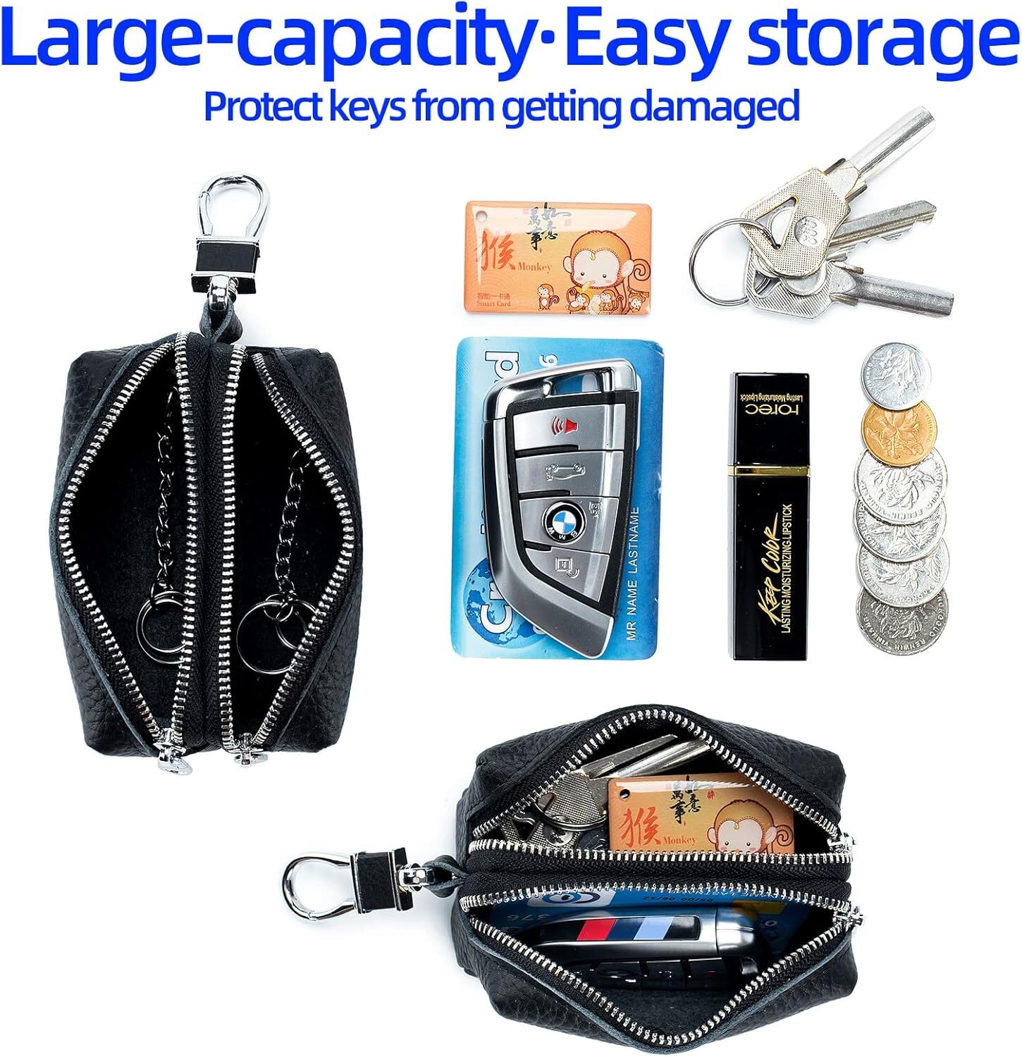 Genuine Leather Car Key Case Wallet Unisex Double Zipper Keychain Coin Purse Bag