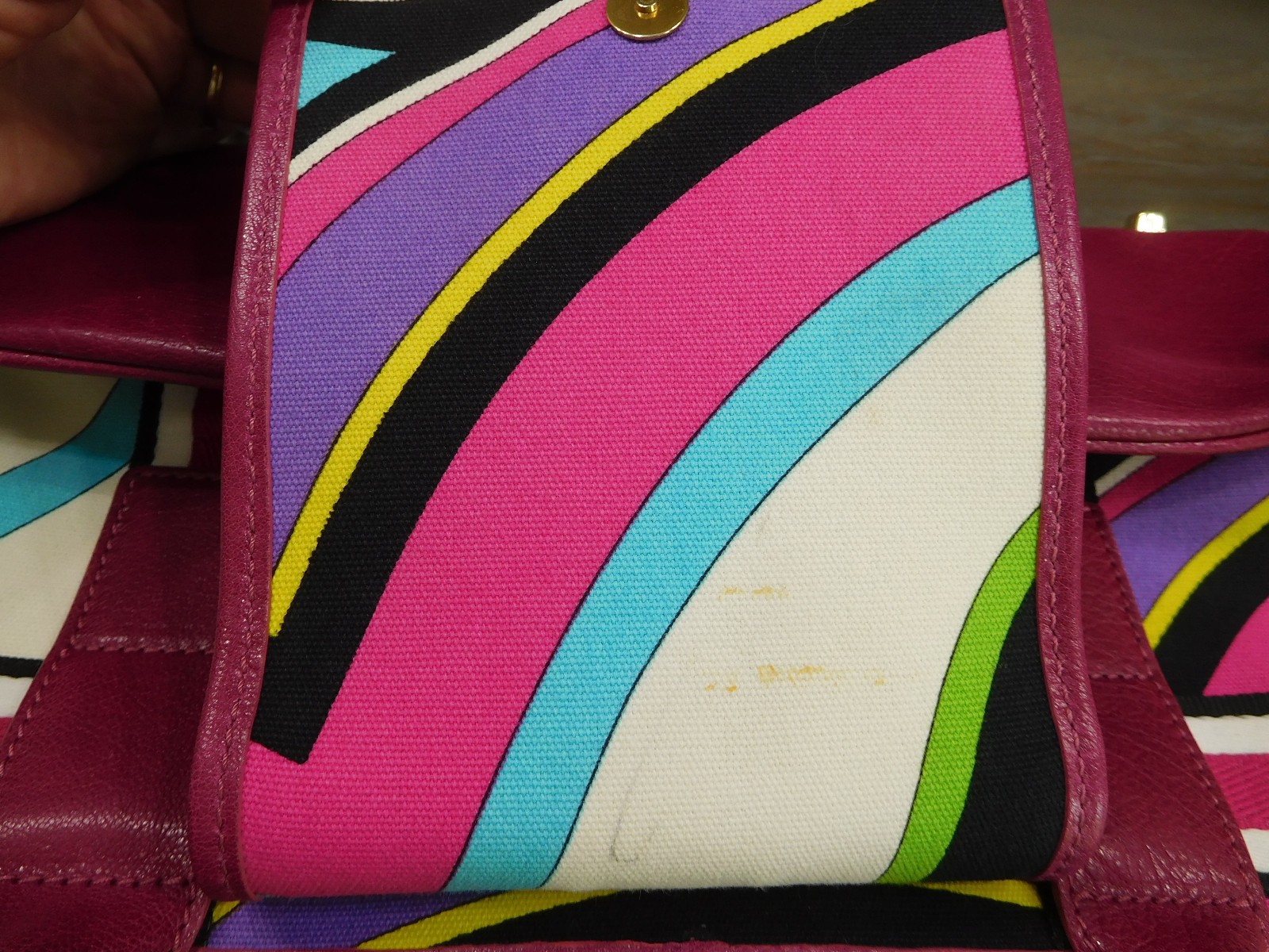EMILIO PUCCI Womens Handbag Leather Canvas Magenta Pink Multicolor-15×7.5×4.5 in